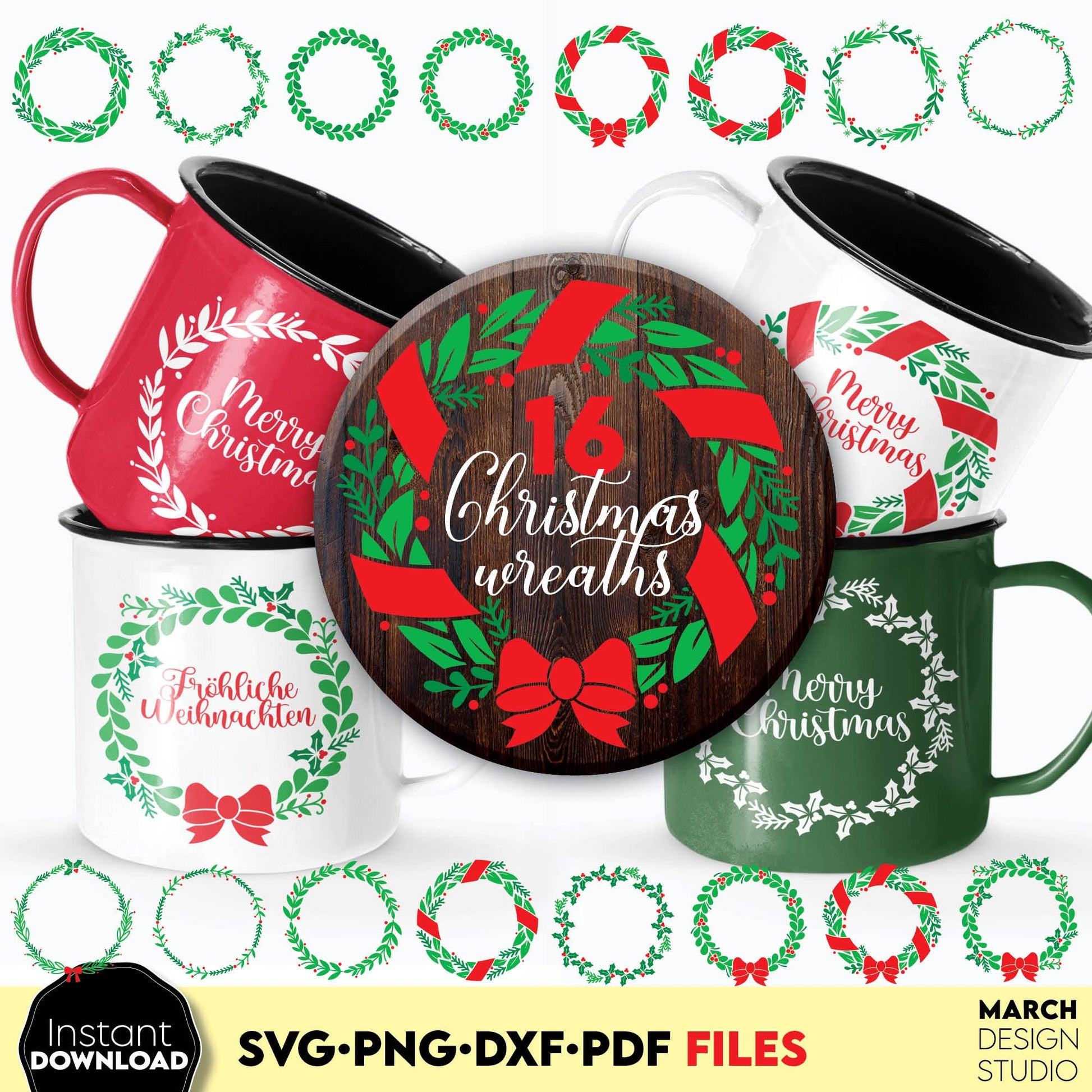 16 Christmas Wreath bundle for Your Christmas Ornaments. SVG PNG DXF PDF files included. Compatible with Cricut, Silhouette or other equipment. Cut from vinyl, use for sublimation or laser cut/ grave projects. Buy now for a good price and enjoy!