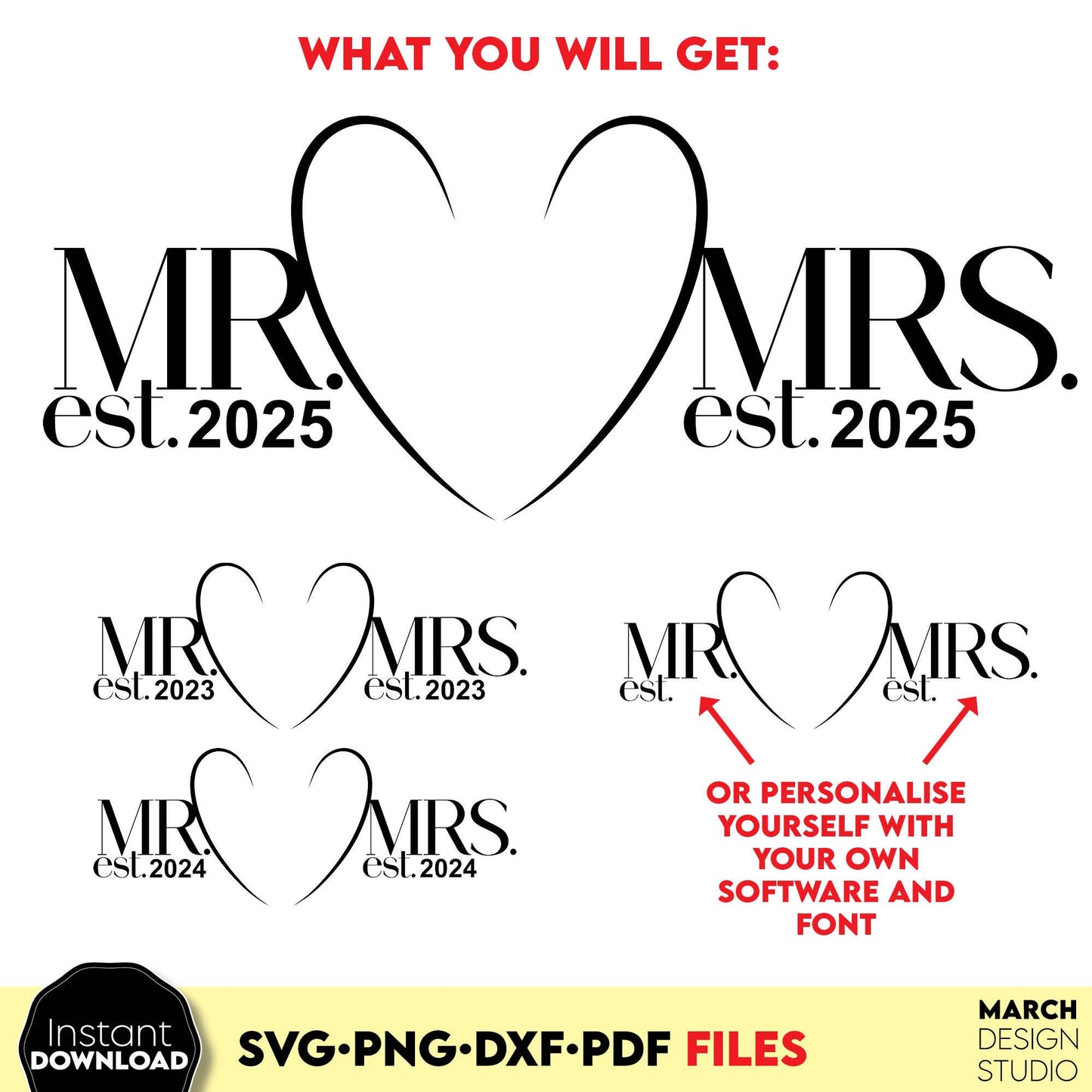 Mr. and Mrs. wedding SVG file design you can use them to surprise and delight your loved ones in an important event in life.
Mr and Mrs svg are great and thoughtful gifts for weddings, wedding anniversaries, etc. Use for cutting from vinyl or laser.