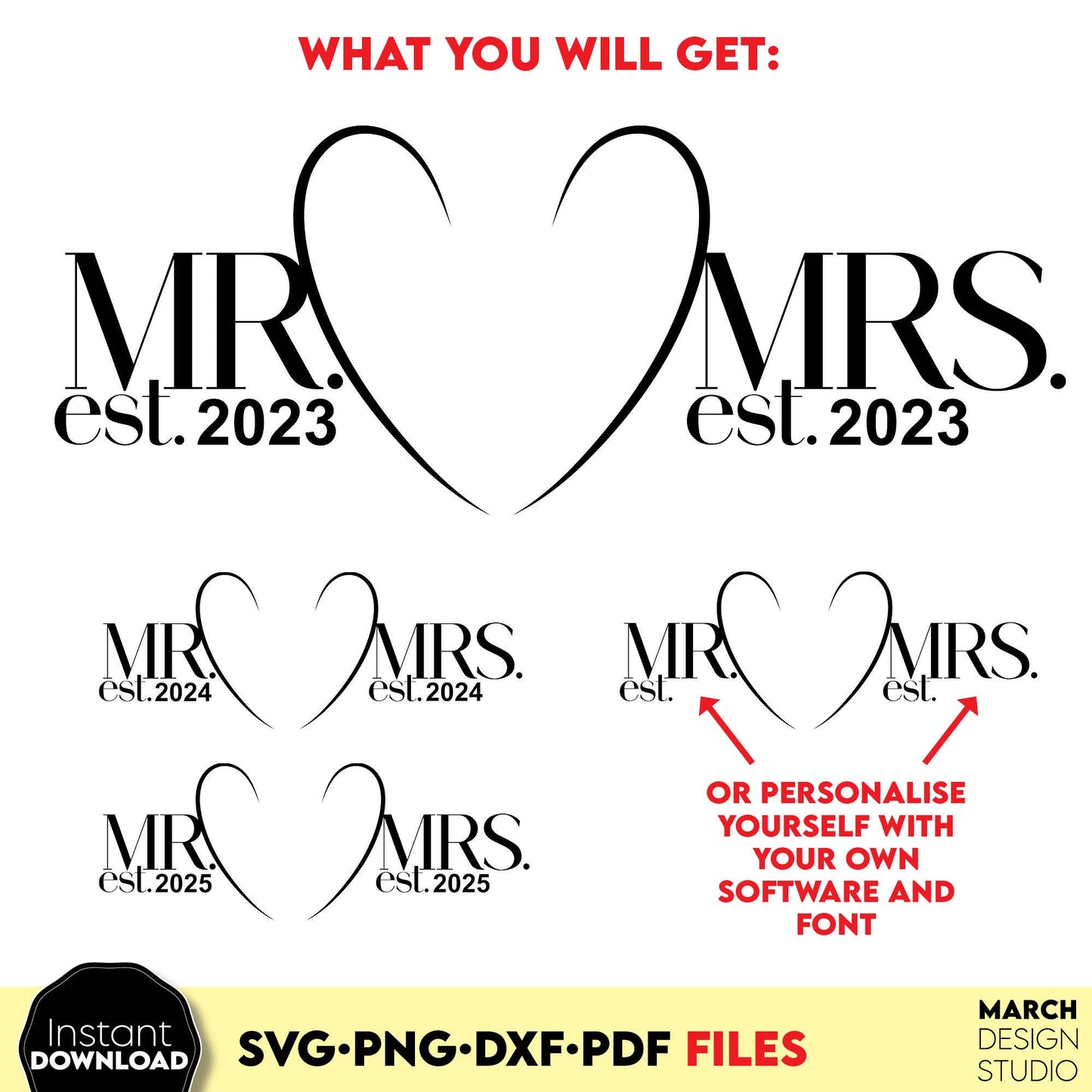 Mr. and Mrs. wedding SVG file design you can use them to surprise and delight your loved ones in an important event in life.
Mr and Mrs svg are great and thoughtful gifts for weddings, wedding anniversaries, etc. Use for cutting from vinyl or laser.