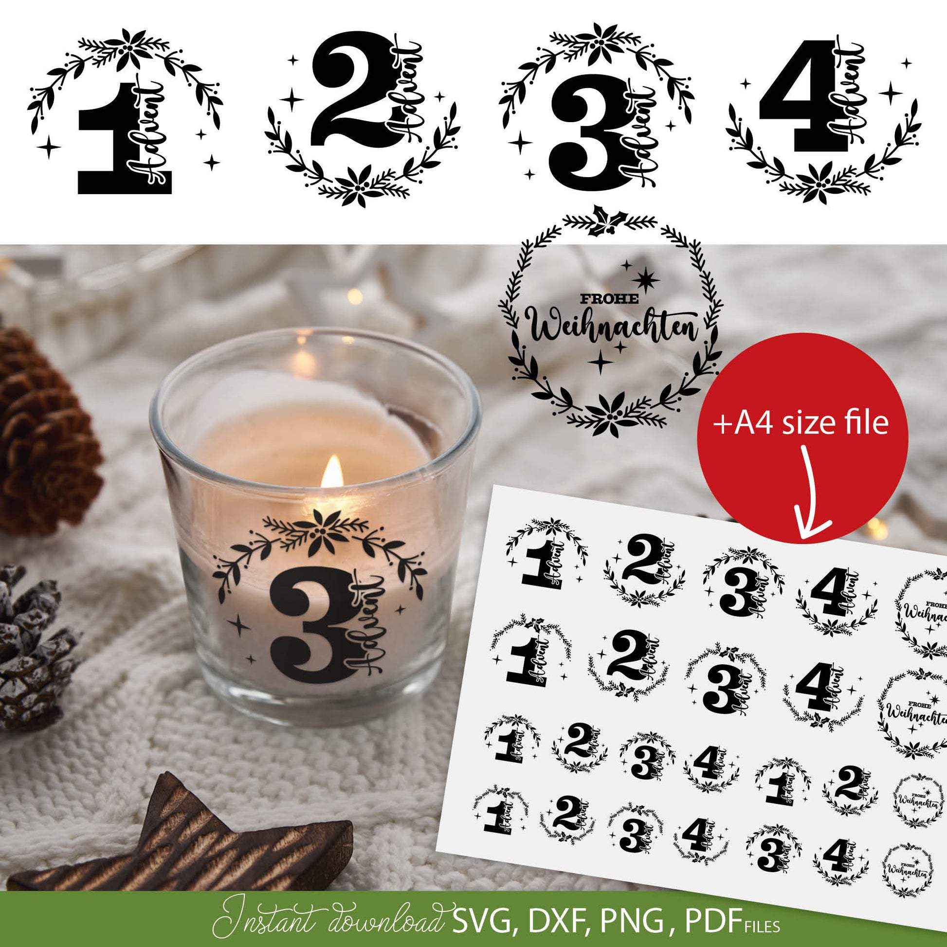 German Advent Calendar Numbers Plotter files for Candles Tattoo. SVG DXF PNG DXF files included. Compatible with Cricut, Silhouette or other equipment. Use for candle stickers paper as well. Buy now for a good price and enjoy!