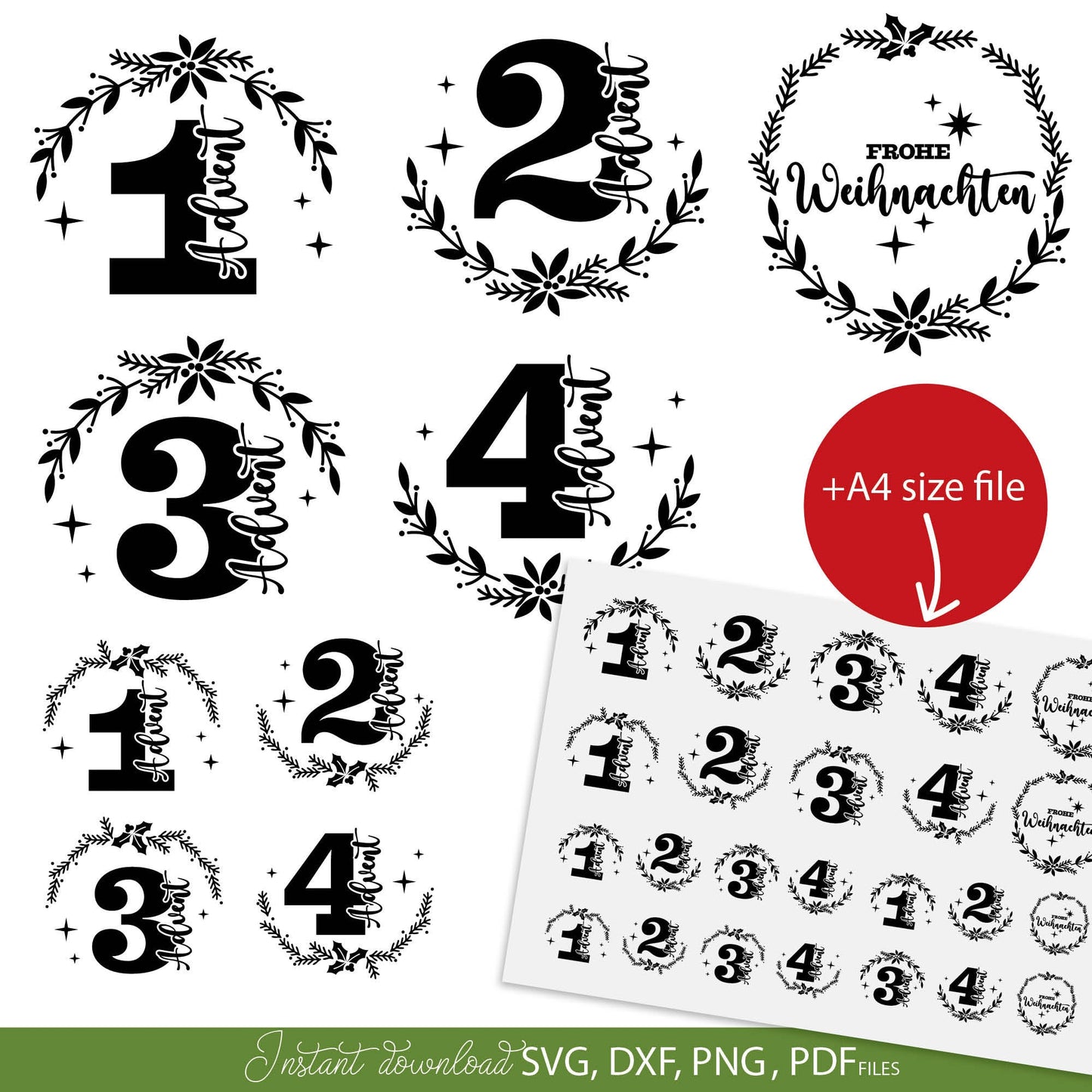 German Advent Calendar Numbers Plotter files for Candles Tattoo. SVG DXF PNG DXF files included. Compatible with Cricut, Silhouette or other equipment. Use for candle stickers paper as well. Buy now for a good price and enjoy!