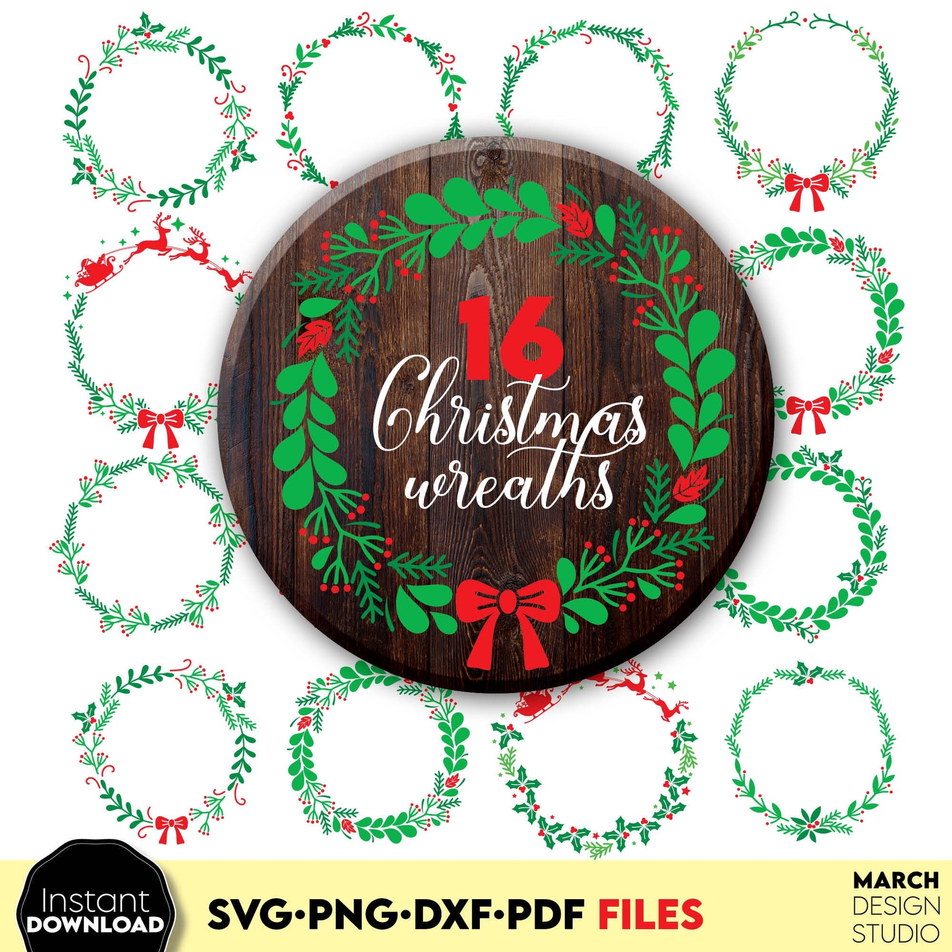 16 Christmas Wreath bundle for Your Christmas Ornaments. SVG PNG DXF PDF files included. Compatible with Cricut, Silhouette or other equipment. Cut from vinyl, use for sublimation or laser cut/ grave projects. Buy now for a good price and enjoy!