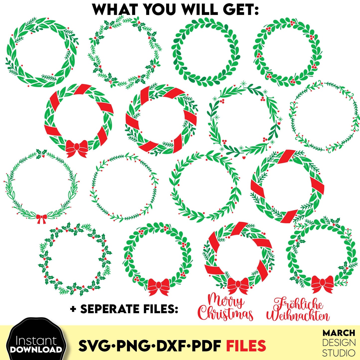 16 Christmas Wreath bundle for Your Christmas Ornaments. SVG PNG DXF PDF files included. Compatible with Cricut, Silhouette or other equipment. Cut from vinyl, use for sublimation or laser cut/ grave projects. Buy now for a good price and enjoy!