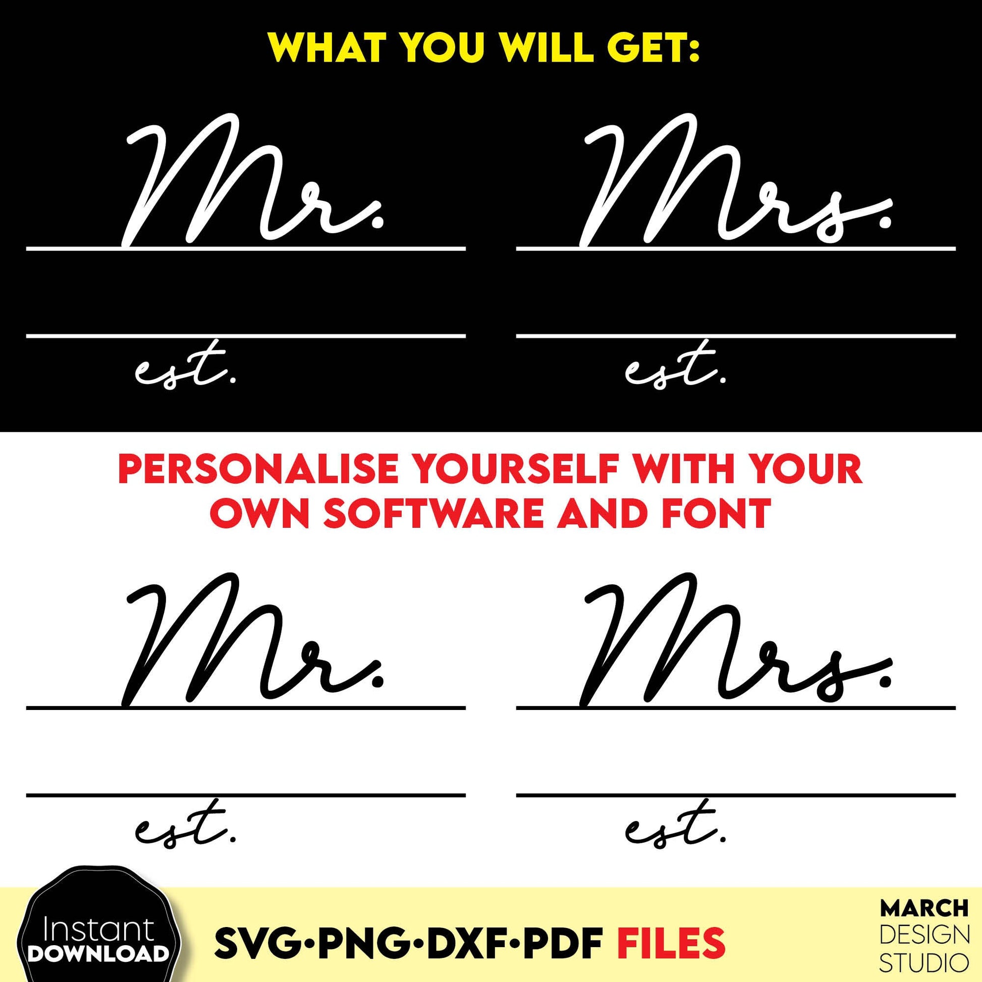 Mr and Mrs split monogram for last name for wedding gift ideas designs for Your wedding gift projects. Files allow you to use designs for engraving on glass, making shirts, tumblers. Files also easy to use for laser cutting.