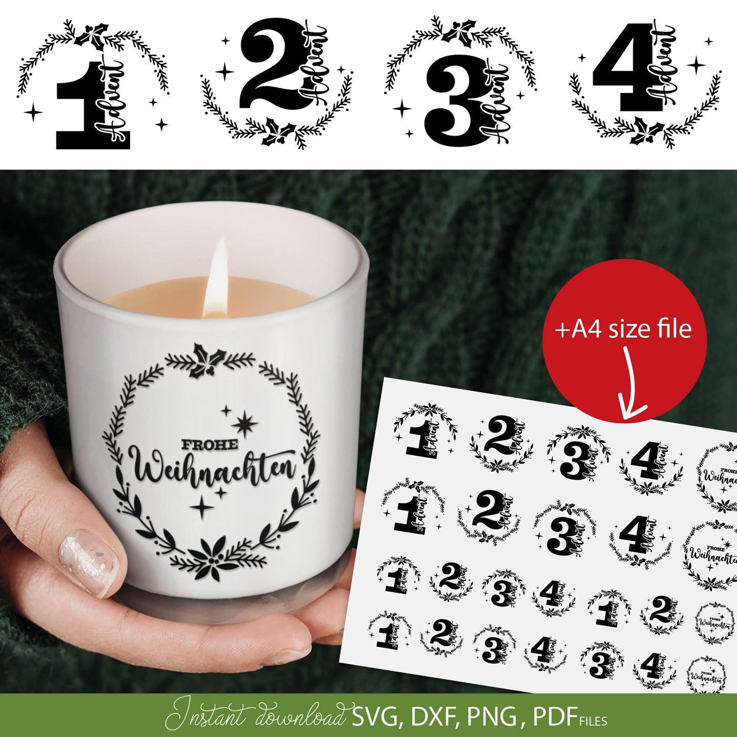 German Advent Calendar Numbers Plotter files for Candles Tattoo. SVG DXF PNG DXF files included. Compatible with Cricut, Silhouette or other equipment. Use for candle stickers paper as well. Buy now for a good price and enjoy!