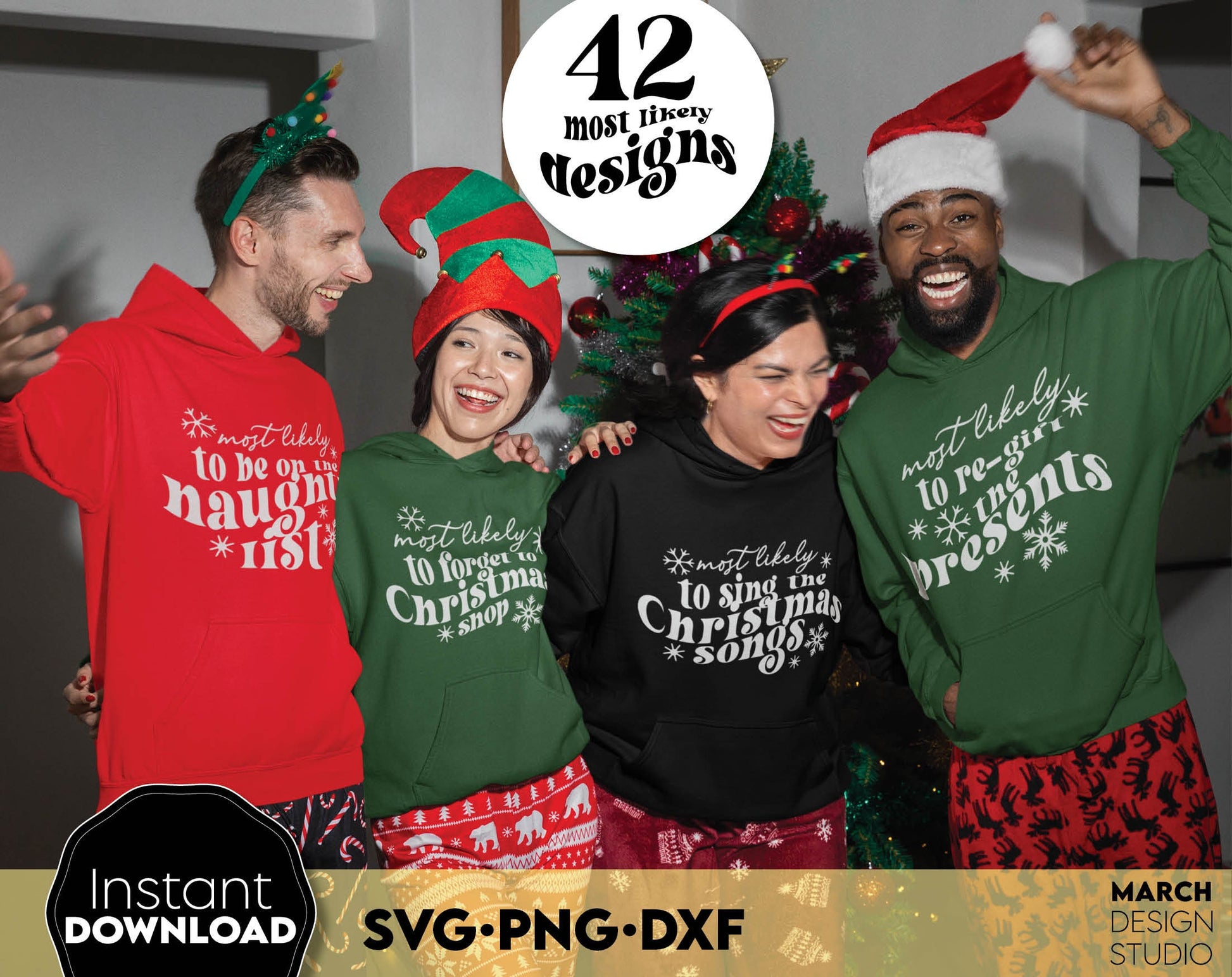 Most Likely To - Christmas bundle. Matching Shirts for Your Funny Family Christmas. Find the right design for every member of the family and make your Christmas fun. Use for cutting from vinyl, sublimation or laser cut projects. Buy now and enjoy!