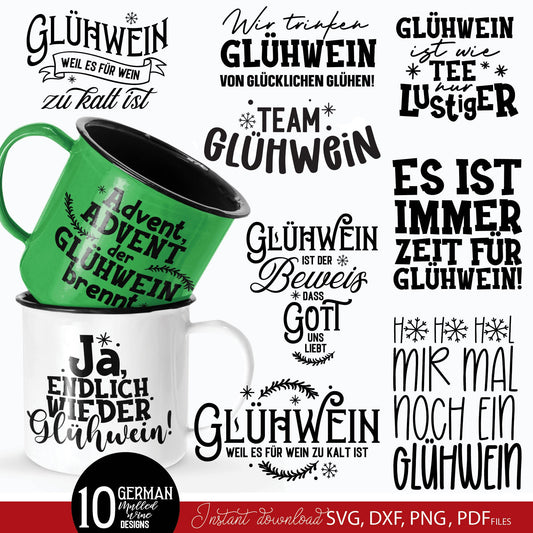 German Glühwein quotes Plotter File Bundle. SVG DXF PNG PDF files included. Compatible with Cricut, SIlhouette Studio. Use for cutting from vinyl, sublimation, laser cut or grave projects. Buy now for a good price and enjoy!