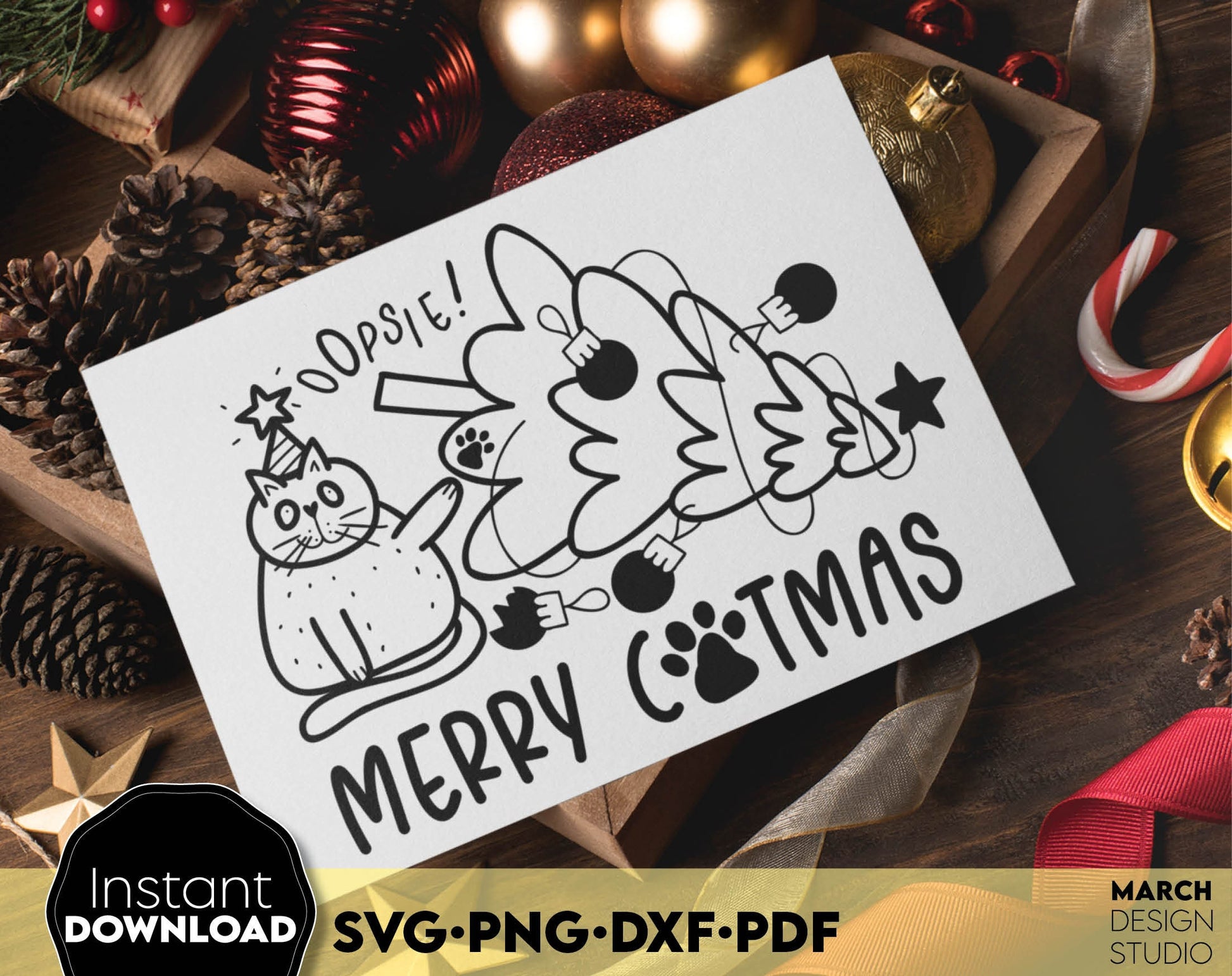 Merry Catmas quote for cat lovers or cat mom ornaments. SVG PNG DXF PDF files included. Compatible with Cricut, Silhouette or other equipment. Use for cutting from vinyl, use for sublimation or laser cut projects. Buy now for a good price!