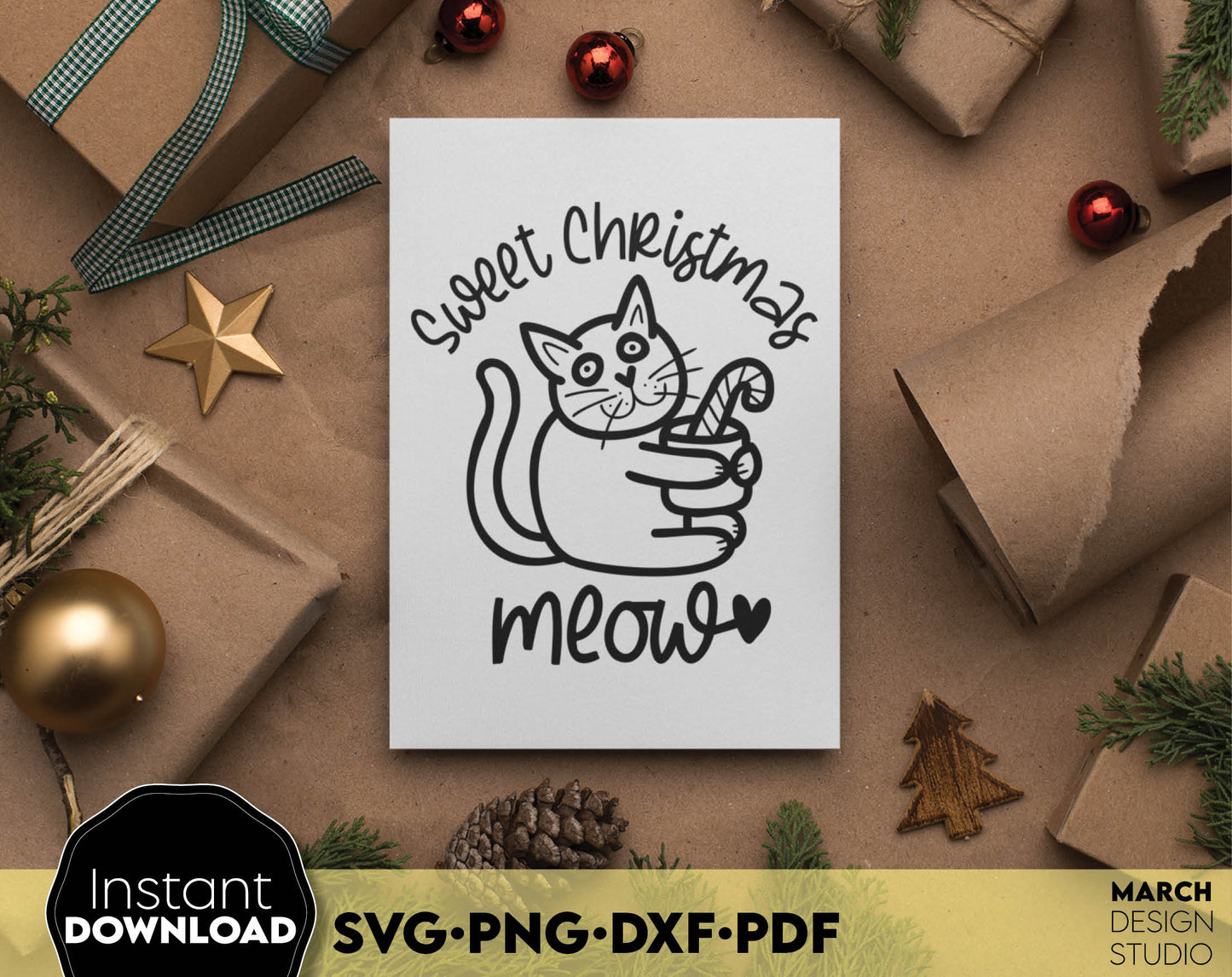 Funny cat Christmas quote -Sweet Christmas MOEW for cat lovers or cat mom ornaments. SVG PNG DXF PDF files included. Compatible with Cricut, Silhouette or other equipment. Use for cutting from vinyl, use for sublimation or laser cut projects. Buy now