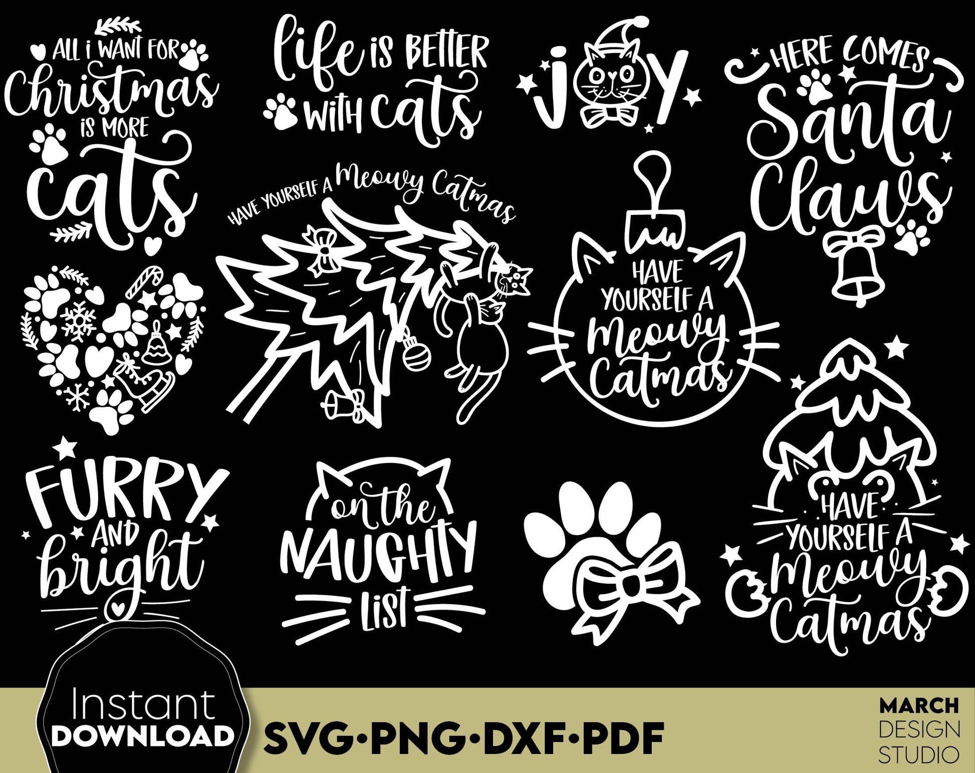 Funny Cat Xmas Ornaments bundle. Usable for cat lover Christmas gift ideas. SVG PNG DXF PDF files included. Compatible with Cricut, Silhouette or other equipment. Cut from vinyl, use for sublimation or laser cut projects. Buy now for a good price!