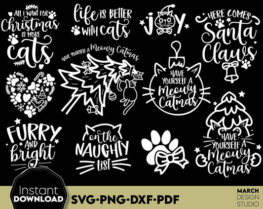 Funny Cat Xmas Ornaments bundle. Usable for cat lover Christmas gift ideas. SVG PNG DXF PDF files included. Compatible with Cricut, Silhouette or other equipment. Cut from vinyl, use for sublimation or laser cut projects. Buy now for a good price!