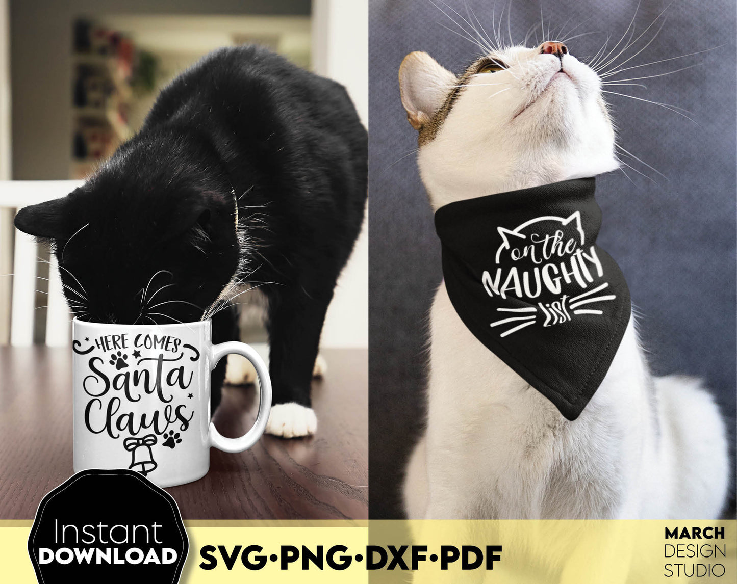 Funny Cat Xmas Ornaments bundle. Usable for cat lover Christmas gift ideas. SVG PNG DXF PDF files included. Compatible with Cricut, Silhouette or other equipment. Cut from vinyl, use for sublimation or laser cut projects. Buy now for a good price!