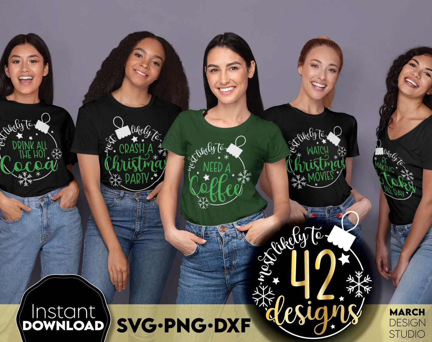 42 Most likely to ... Family CHRISTMAS SVG Bundle for Christmas shirts. SVG PNG DXF files included. Compatible with Cricut, Silhouette or other equipment. Cut from vinyl, use for sublimation .etc. Buy now for a good price and enjoy!