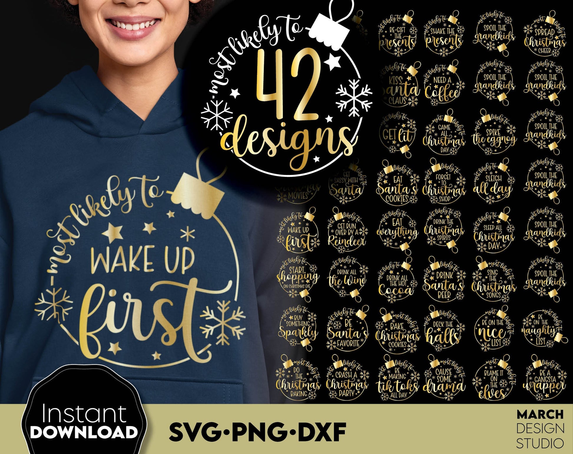 42 Most likely to ... Family CHRISTMAS SVG Bundle for Christmas shirts. SVG PNG DXF files included. Compatible with Cricut, Silhouette or other equipment. Cut from vinyl, use for sublimation .etc. Buy now for a good price and enjoy!