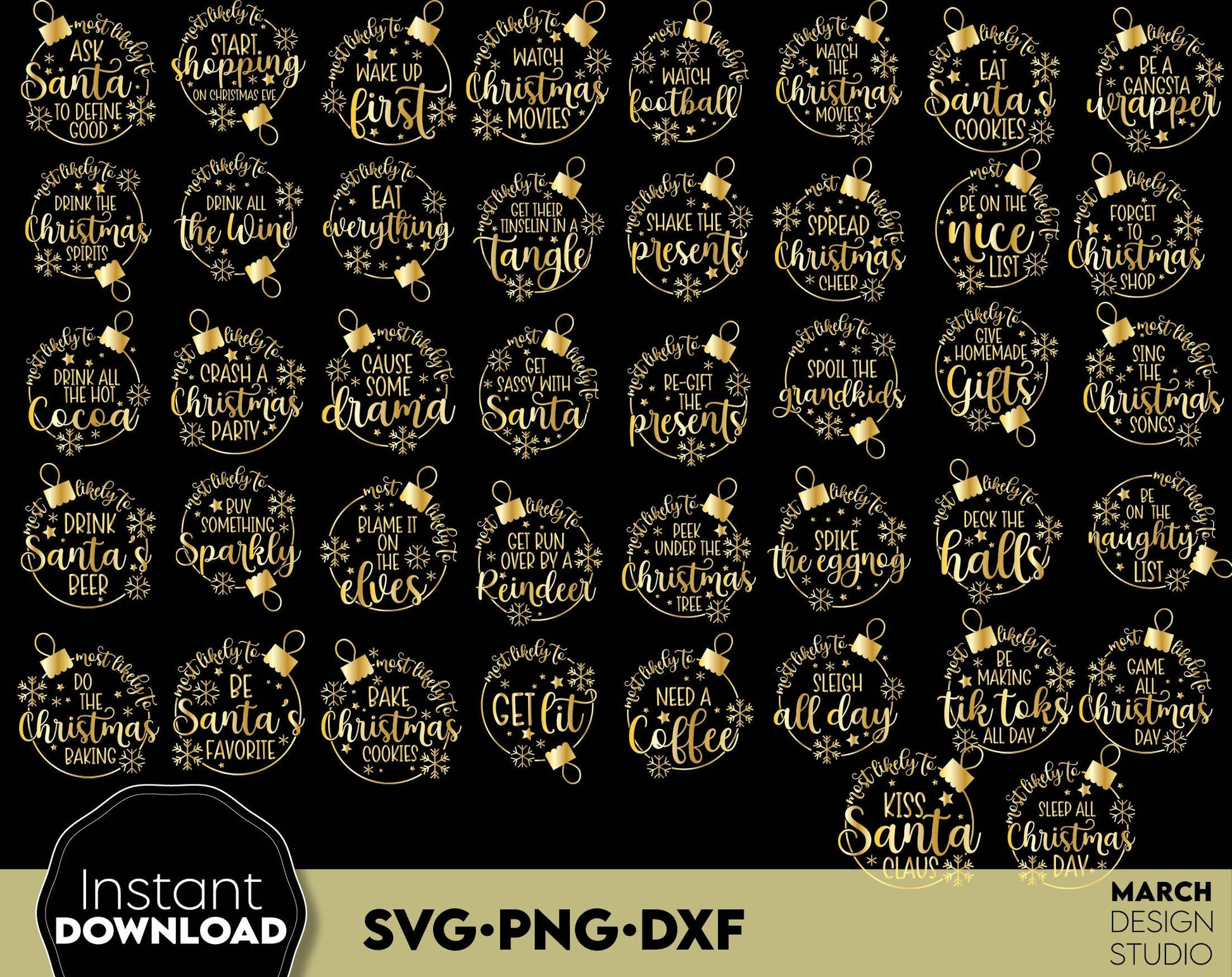 42 Most likely to ... Family CHRISTMAS SVG Bundle for Christmas shirts. SVG PNG DXF files included. Compatible with Cricut, Silhouette or other equipment. Cut from vinyl, use for sublimation .etc. Buy now for a good price and enjoy!
