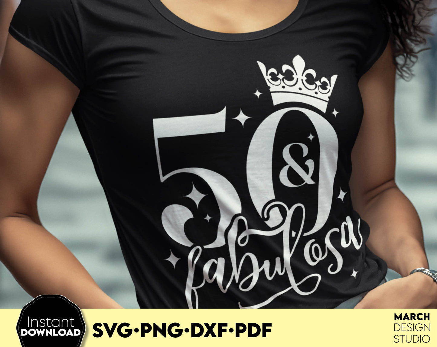 50 and fabulosa. 50th birthday shirt design for spanish. SVG PNG DXF PDF files included. Compatible with Cricut, Silhouette or other equipment. Buy now for a good price and enjoy!