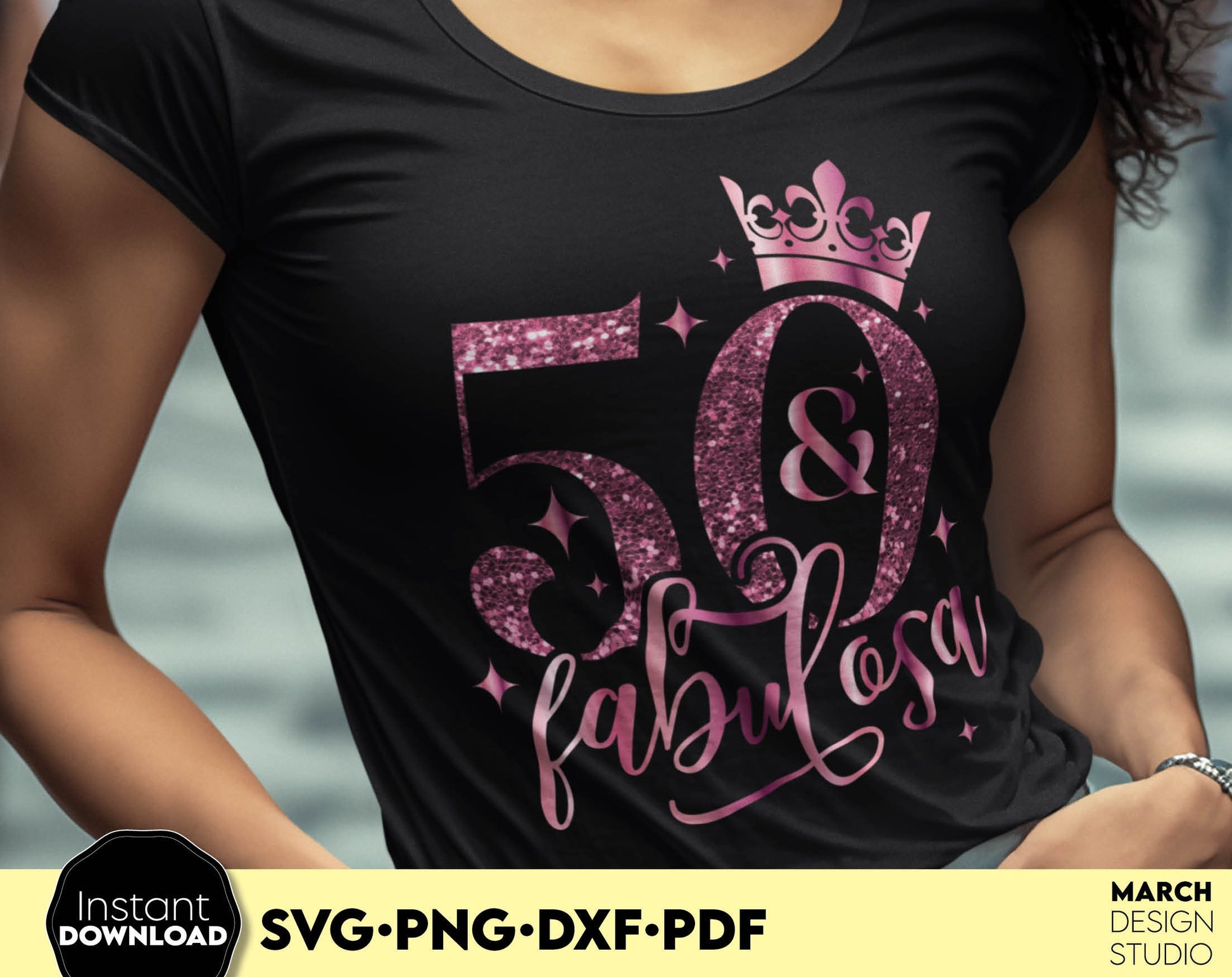 50 and fabulosa. 50th birthday shirt design for spanish. SVG PNG DXF PDF files included. Compatible with Cricut, Silhouette or other equipment. Buy now for a good price and enjoy!