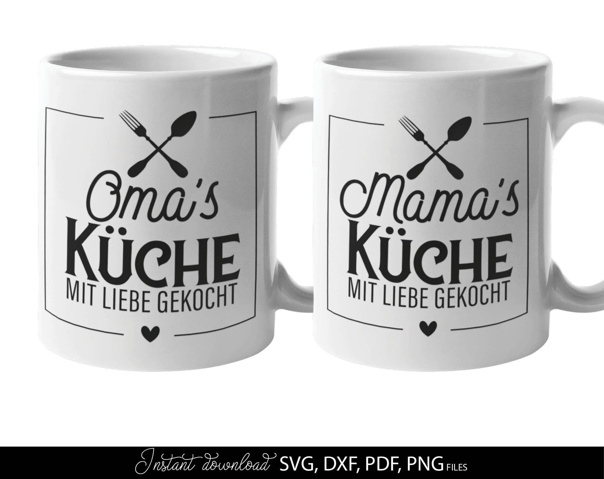 German Oma and Mama Küche saying  Plotter File SVG, PNG DXF and PDF files included. Compatible with Cricut, Silhouette, Glowforge or other machines. Use for sublimation or laser cut projects as well. Buy now, enjoy! Discount prices available.