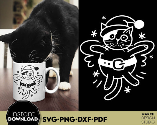 Cat snow angel svg png dxf pdf files included. Funny cat Christmas Cut Mug Design. Compatible with Cricut, Silhouette or other equipment. Cut from vinyl, use for sublimation or laser cut projects. Buy now for a good price and enjoy!