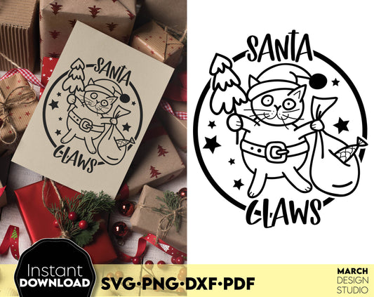 Santa Claws Christmas cat svg png dxf pdf. Funny Christmas cat gift ideas for cat mom. Compatible with Cricut, Silhouette or other equipment. Use for cutting from vinyl, use for sublimation or laser cut projects. Buy now for a good price and enjoy!