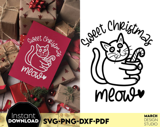 Funny cat Christmas quote -Sweet Christmas MOEW for cat lovers or cat mom ornaments. SVG PNG DXF PDF files included. Compatible with Cricut, Silhouette or other equipment. Use for cutting from vinyl, use for sublimation or laser cut projects. Buy now