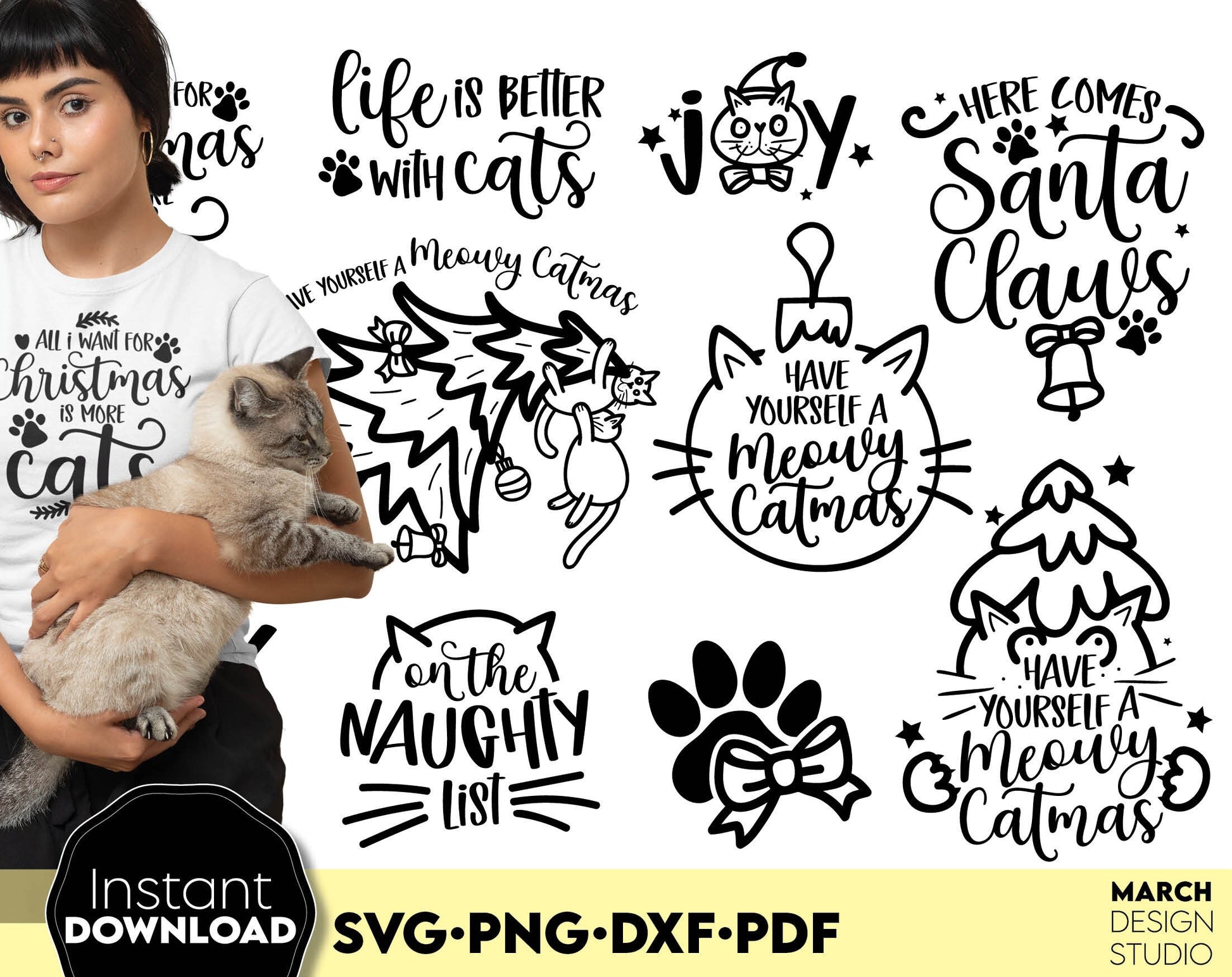 Funny Cat Xmas Ornaments bundle. Usable for cat lover Christmas gift ideas. SVG PNG DXF PDF files included. Compatible with Cricut, Silhouette or other equipment. Cut from vinyl, use for sublimation or laser cut projects. Buy now for a good price!