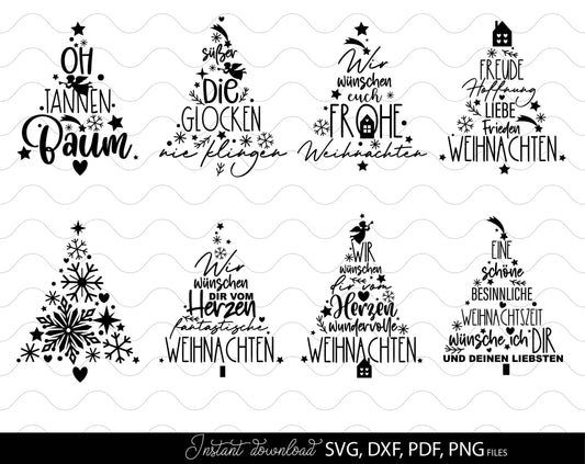 8 German Christmas designs plotter files with Christmas tree and quotes. SVG DXF PDF PNG files included. Compatible with Cricut, Silhouette or other equipment. Cut from vinyl, use for sublimation or laser cut projects. Buy now for a good price!