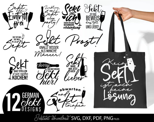 12 German Sekt quotes plotter file bundle. SVG, DXF, PDF, PNG files included. Cut from vinyl, use for sublimation or laser cut / grave projects. Compatible with Cricut, Silhouette or other equipment. Buy now for a good price and enjoy!
