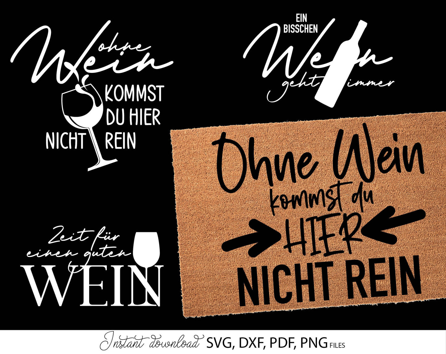 12 German Wein quotes for plotter file bundle. SVG, DXF, PDF, PNG files included. Cut from vinyl, use for sublimation or laser cut / grave projects. Compatible with Cricut, Silhouette or other equipment. Buy now for a good price and enjoy!