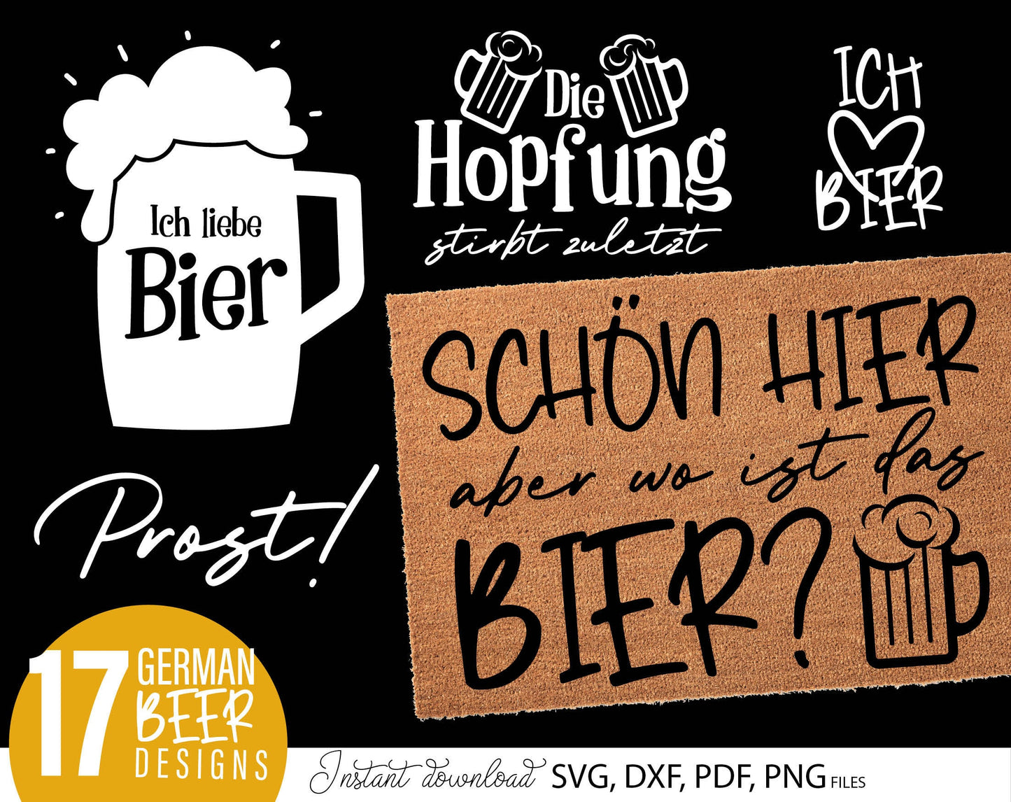 17 German Bier quotes plotter file bundle. SVG, DXF, PDF, PNG files included. Cut from vinyl, use for sublimation or laser cut / grave projects. Compatible with Cricut, Silhouette or other equipment. Buy now for a good price and enjoy!