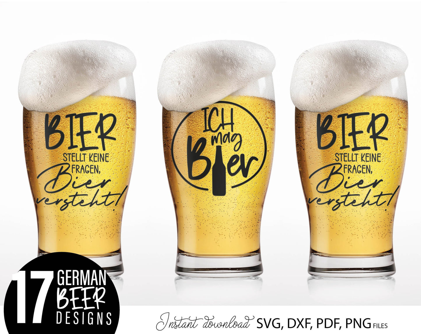 17 German Bier quotes plotter file bundle. SVG, DXF, PDF, PNG files included. Cut from vinyl, use for sublimation or laser cut / grave projects. Compatible with Cricut, Silhouette or other equipment. Buy now for a good price and enjoy!