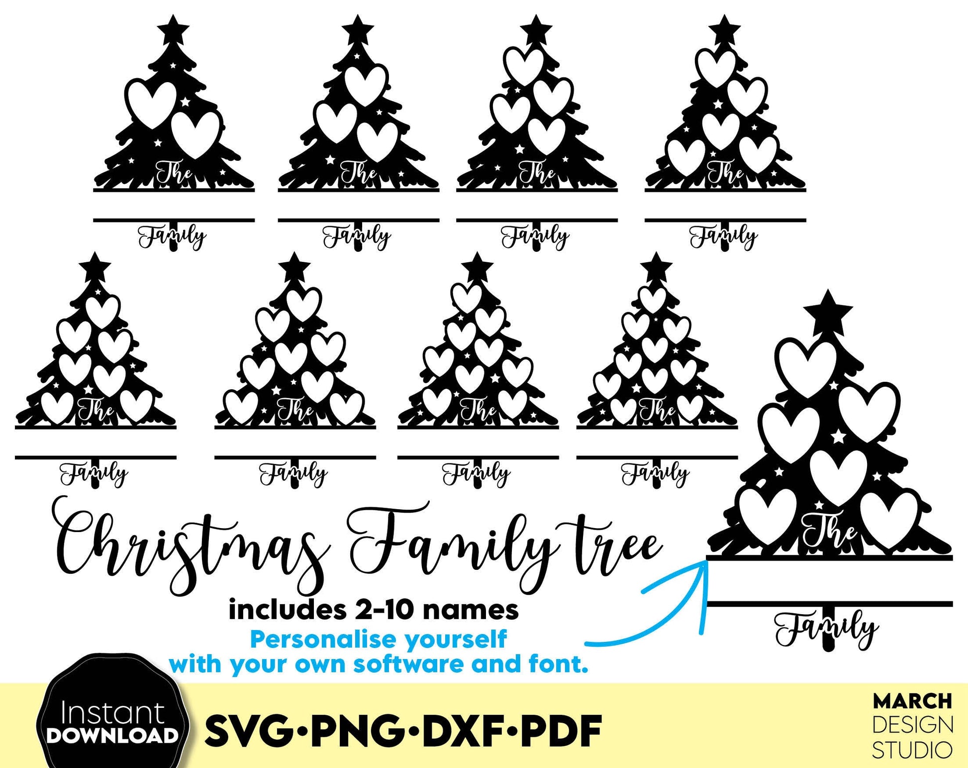 Custom Christmas Family tree as Family Christmas Holiday Ornament. SVG PNG DXF PDF files included. Compatible with Cricut, Silhouette and other equipment. Use for cutting from vinyl, use for sublimation or laser cut / grave projects as well. Buy now!