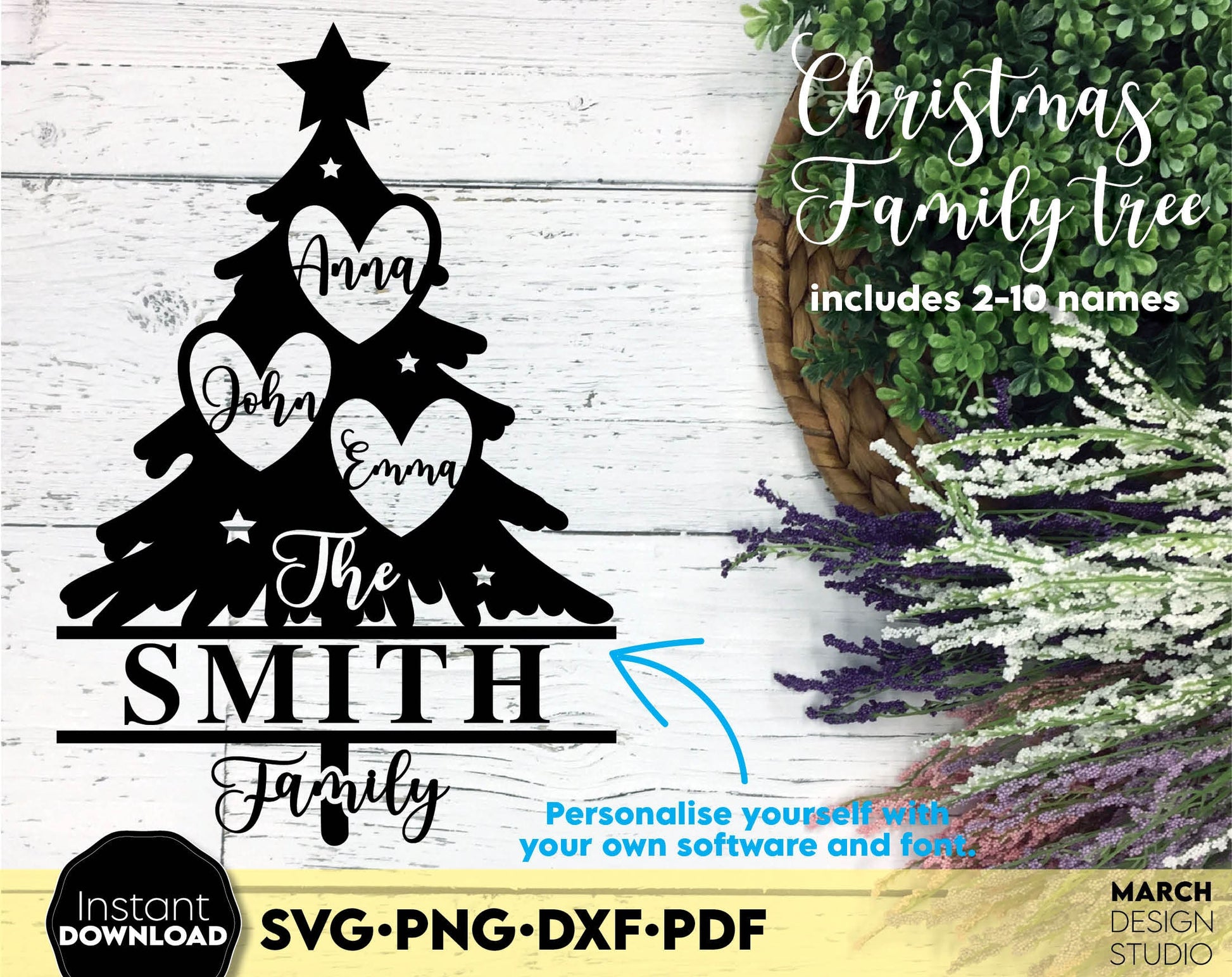 Custom Christmas Family tree as Family Christmas Holiday Ornament. SVG PNG DXF PDF files included. Compatible with Cricut, Silhouette and other equipment. Use for cutting from vinyl, use for sublimation or laser cut / grave projects as well. Buy now!