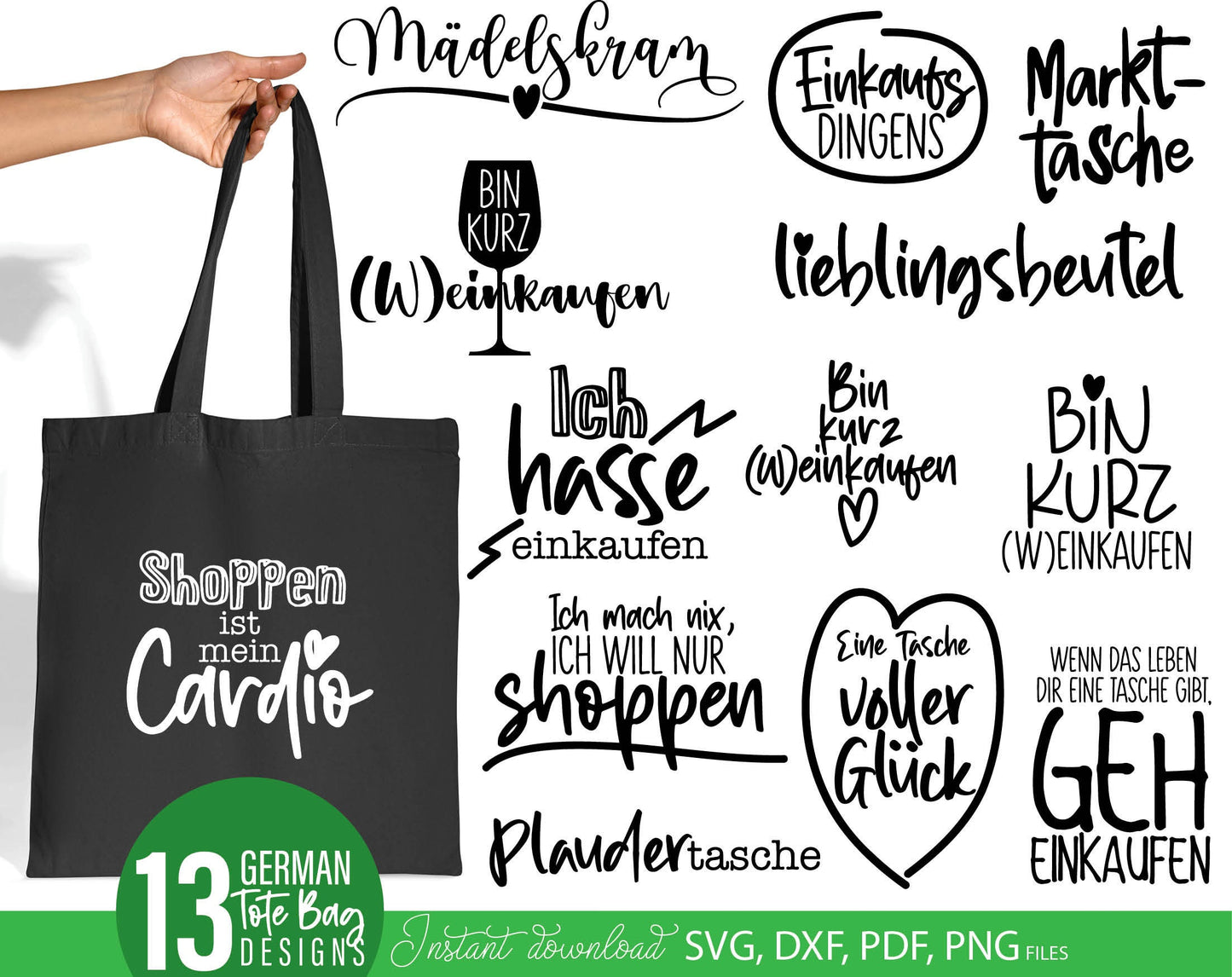 German sayings for tasche plotter file bag sayings bundle. SVG DXF PDF PNG files included. Compatible with Cricut, Silhouette or other equipment. Cut from vinyl, use for sublimation or laser cut / grave projects as well. Buy now for a good price!