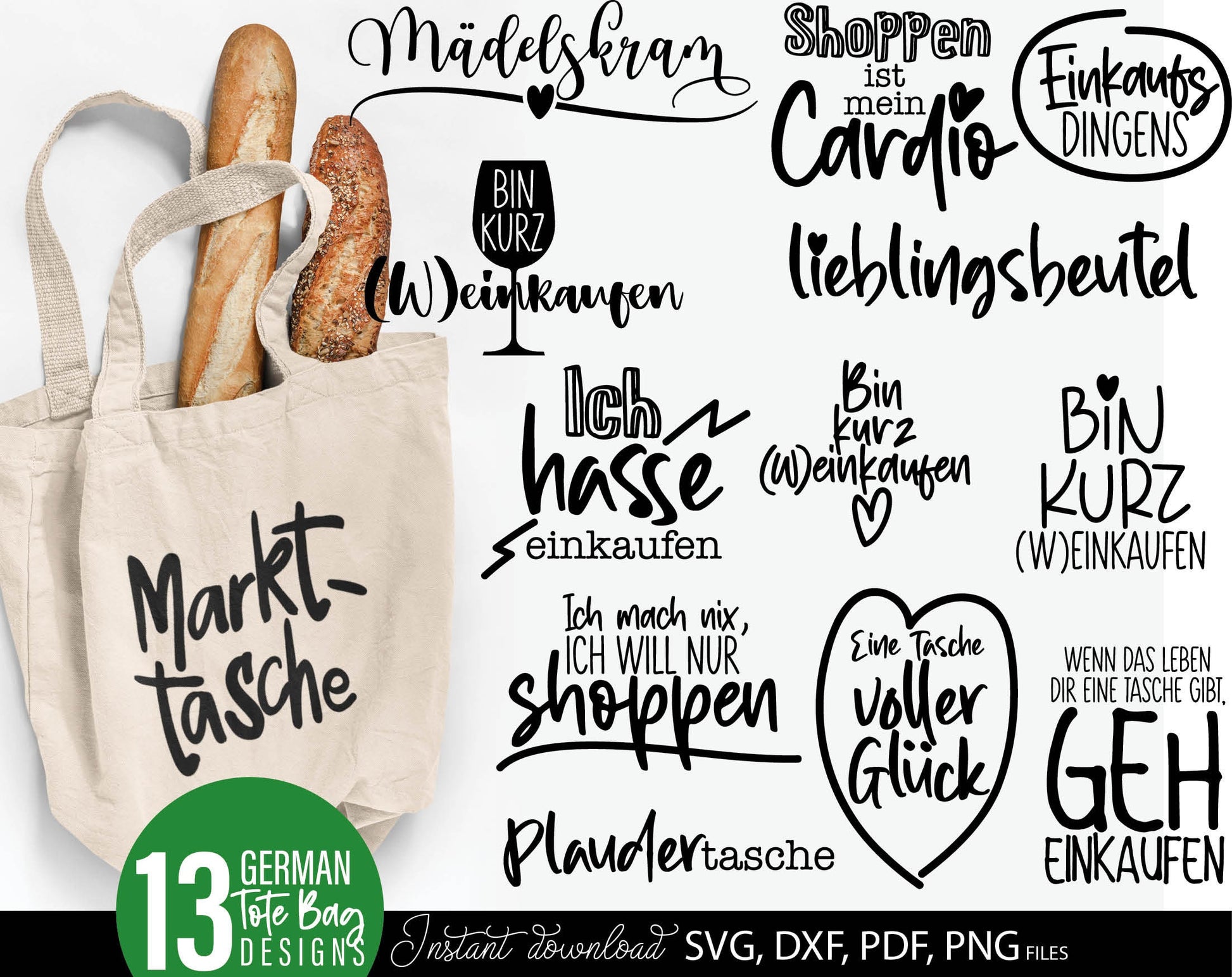 German sayings for tasche plotter file bag sayings bundle. SVG DXF PDF PNG files included. Compatible with Cricut, Silhouette or other equipment. Cut from vinyl, use for sublimation or laser cut / grave projects as well. Buy now for a good price!