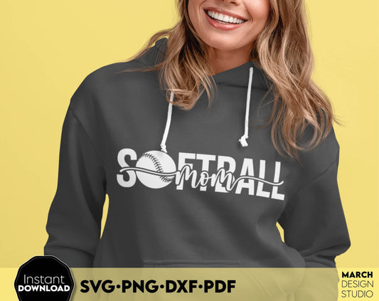 Softball Mom Shirt design is beautiful for game day shirt. SVG PNG DXF PDF files included. Compatible with Cricut, Silhouette or other equipment. Cut from vinyl, use for sublimation or laser cut / grave projects as well. Buy now for a good price!