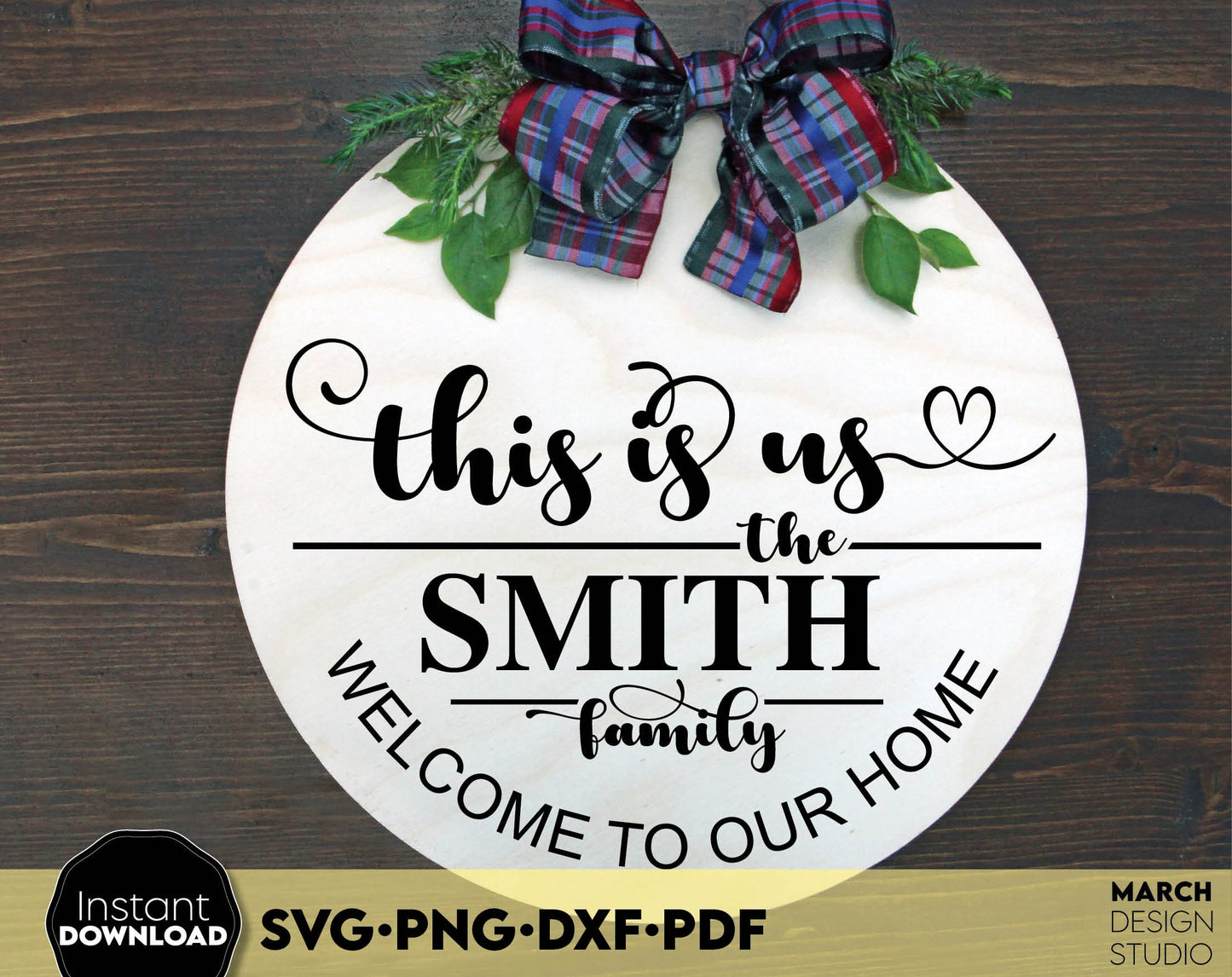 Custom round Family name door hanger sign. SVG PNG DXF PDF files included. Cut from vinyl, use for sublimation or laser cut projects. Compatible with Cricut, Silhouette or other equipment. Buy now for a good price and enjoy!