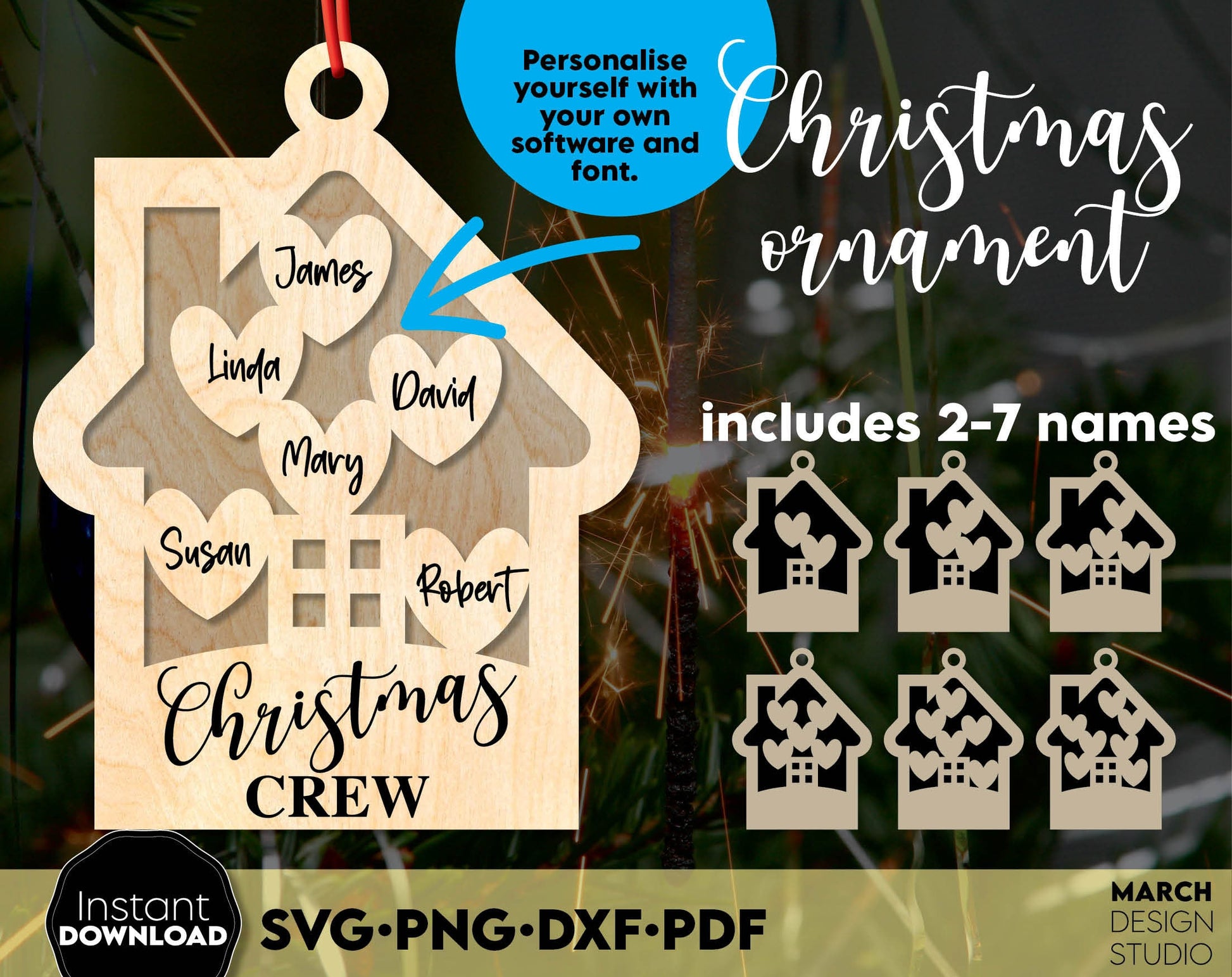 Christmas Family Tree Ornaments with custom family names on it. SVG PNG DXF PDF files included. Compatible with Cricut, Silhouette or other equipment. Cut from vinyl, use for sublimation or laser cut or grave projects as well. Buy now and enjoy!