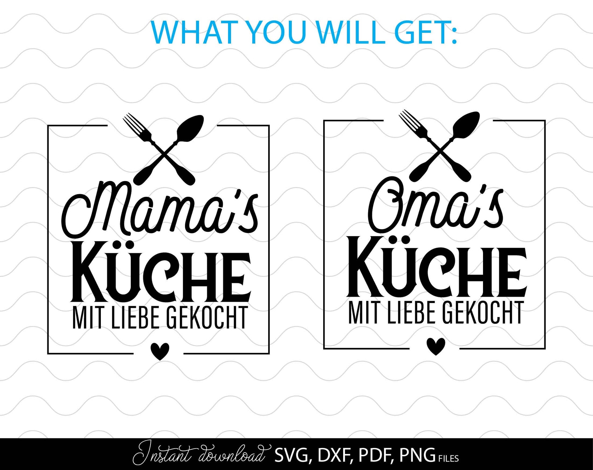 German Oma and Mama Küche saying  Plotter File SVG, PNG DXF and PDF files included. Compatible with Cricut, Silhouette, Glowforge or other machines. Use for sublimation or laser cut projects as well. Buy now, enjoy! Discount prices available.