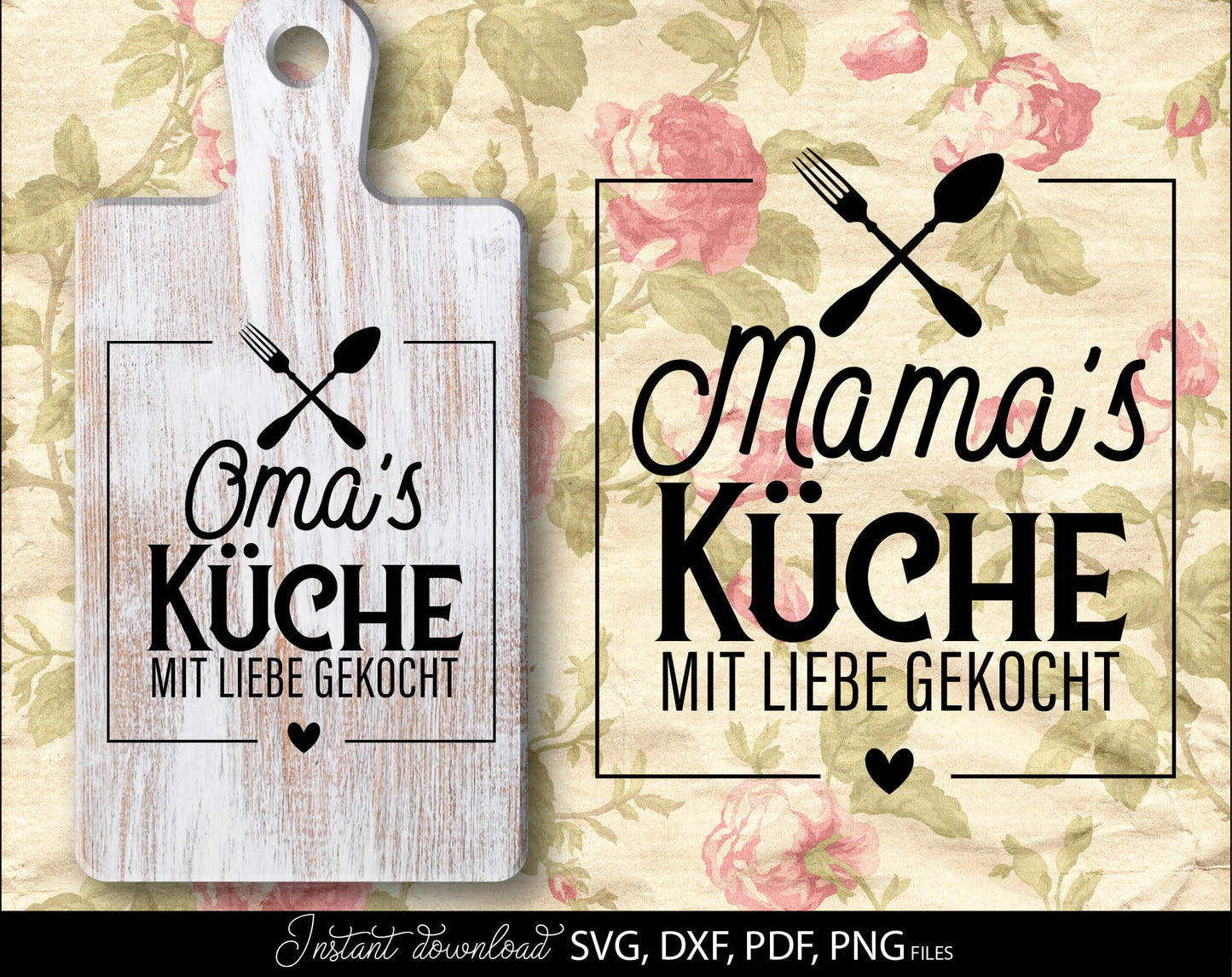 German Oma and Mama Küche saying  Plotter File SVG, PNG DXF and PDF files included. Compatible with Cricut, Silhouette, Glowforge or other machines. Use for sublimation or laser cut projects as well. Buy now, enjoy! Discount prices available.