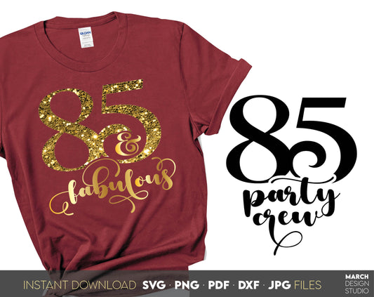 Set of 85 and fabulous Birthday and party crew shirt designs for cutting from vinyl and glittered PNG included for Your sublimation projects. SVG, PDF, JPG, EPS, DXF files included as well. Compatible with Cricut, Silhouette and other machines.