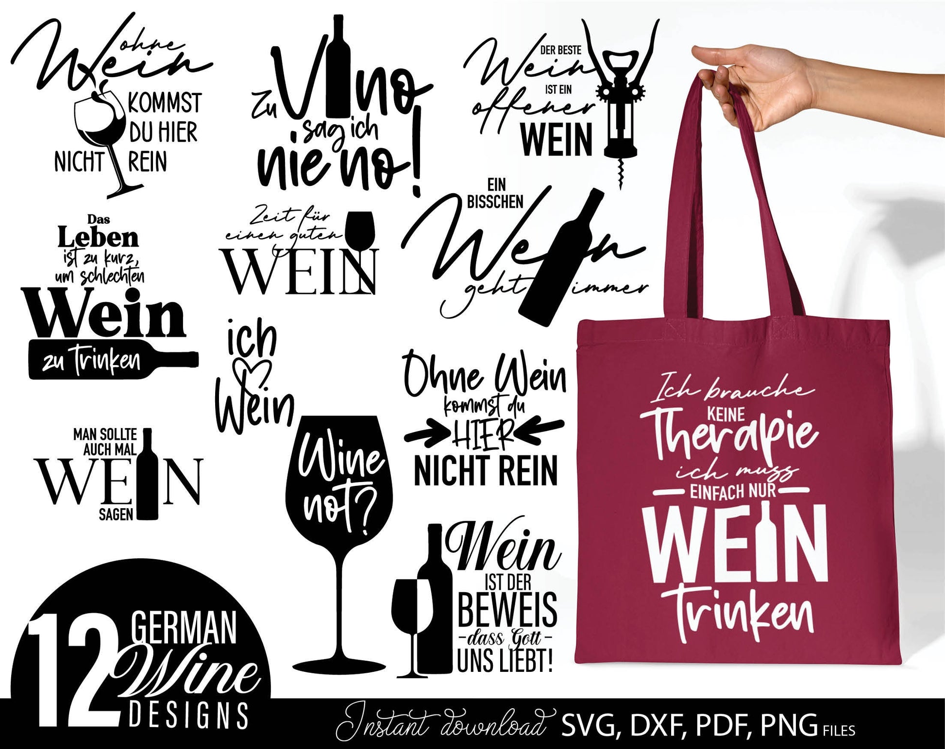 12 German Wein quotes for plotter file bundle. SVG, DXF, PDF, PNG files included. Cut from vinyl, use for sublimation or laser cut / grave projects. Compatible with Cricut, Silhouette or other equipment. Buy now for a good price and enjoy!