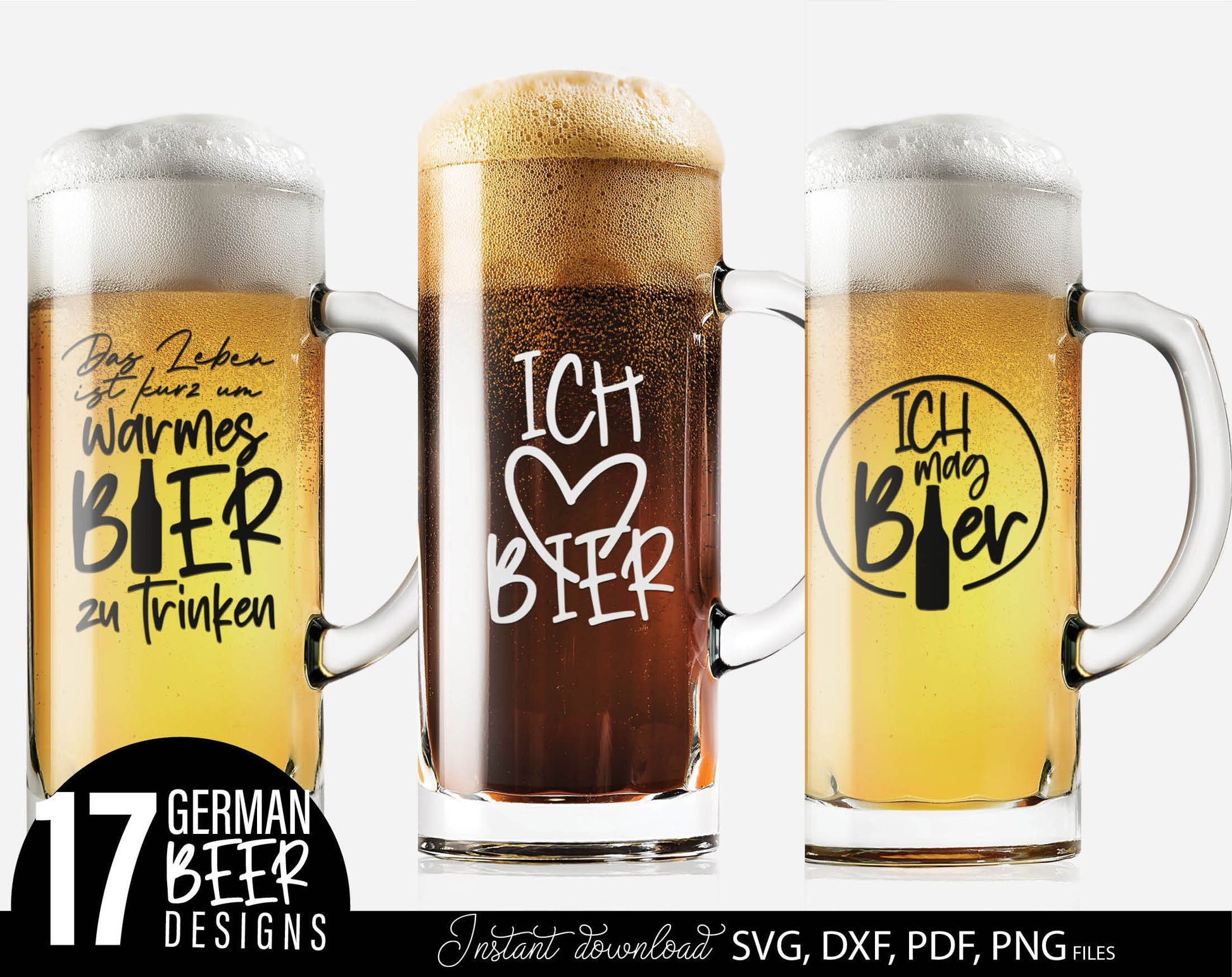 17 German Bier quotes plotter file bundle. SVG, DXF, PDF, PNG files included. Cut from vinyl, use for sublimation or laser cut / grave projects. Compatible with Cricut, Silhouette or other equipment. Buy now for a good price and enjoy!