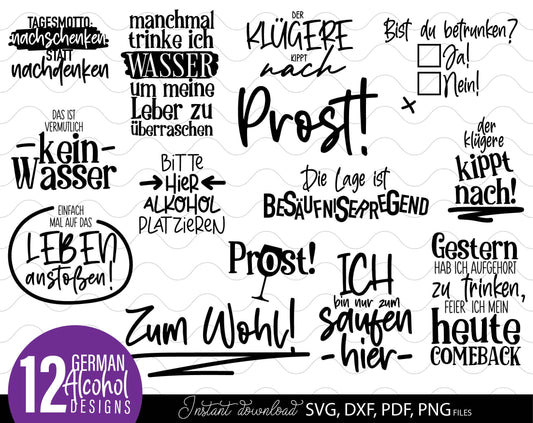 12 German Coaster Sayings plotter file bundle. SVG, DXF, PDF, PNG files included. Cut from vinyl, use for sublimation or laser cut / grave projects. Compatible with Cricut, Silhouette or other equipment. Buy now for a good price and enjoy!