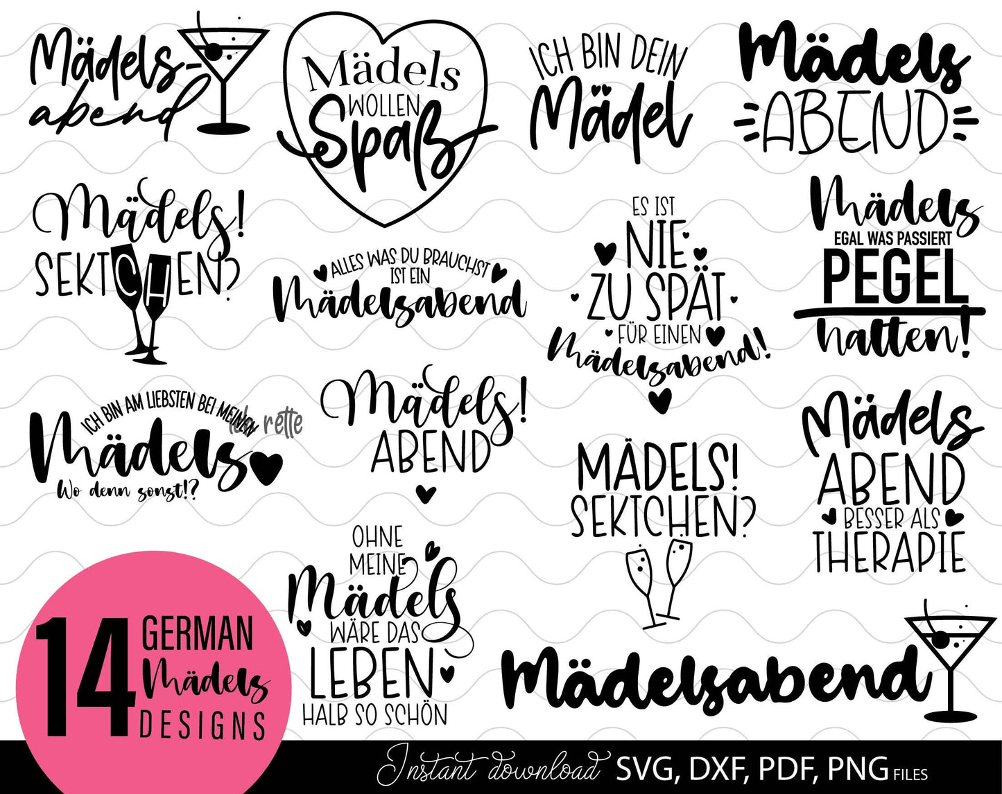 14 German Mädels quotes Plotter File. SVG DXF PSD files included. Compatible with Cricut, Silhouette or Glowforge as well. 14 German Mädels sayings included. Buy now for a good price and enjoy!