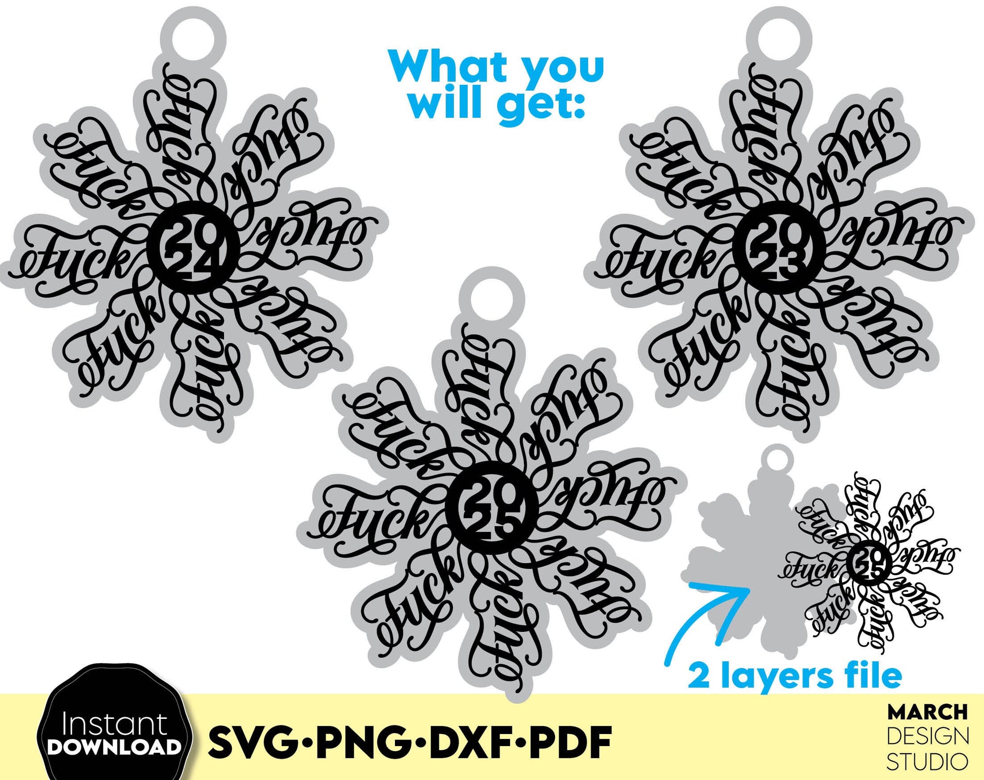 Funny Christmas Ornaments Design. Fuck flake 2024 on it. SVG PNG DXF PDF files included. Compatible with Cricut, Silhouette or other equipment. Elegant for laser cut or grave projects as well. Buy now for a good price and enjoy!