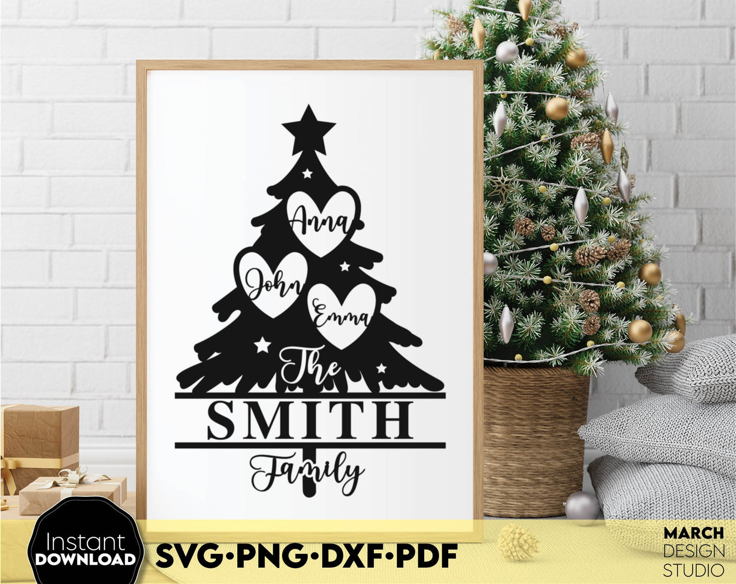 Custom Christmas Family tree as Family Christmas Holiday Ornament. SVG PNG DXF PDF files included. Compatible with Cricut, Silhouette and other equipment. Use for cutting from vinyl, use for sublimation or laser cut / grave projects as well. Buy now!