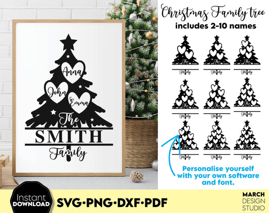 Custom Christmas Family tree as Family Christmas Holiday Ornament. SVG PNG DXF PDF files included. Compatible with Cricut, Silhouette and other equipment. Use for cutting from vinyl, use for sublimation or laser cut / grave projects as well. Buy now!