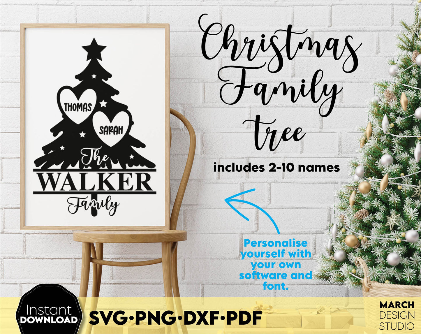 Custom Christmas Family tree as Family Christmas Holiday Ornament. SVG PNG DXF PDF files included. Compatible with Cricut, Silhouette and other equipment. Use for cutting from vinyl, use for sublimation or laser cut / grave projects as well. Buy now!