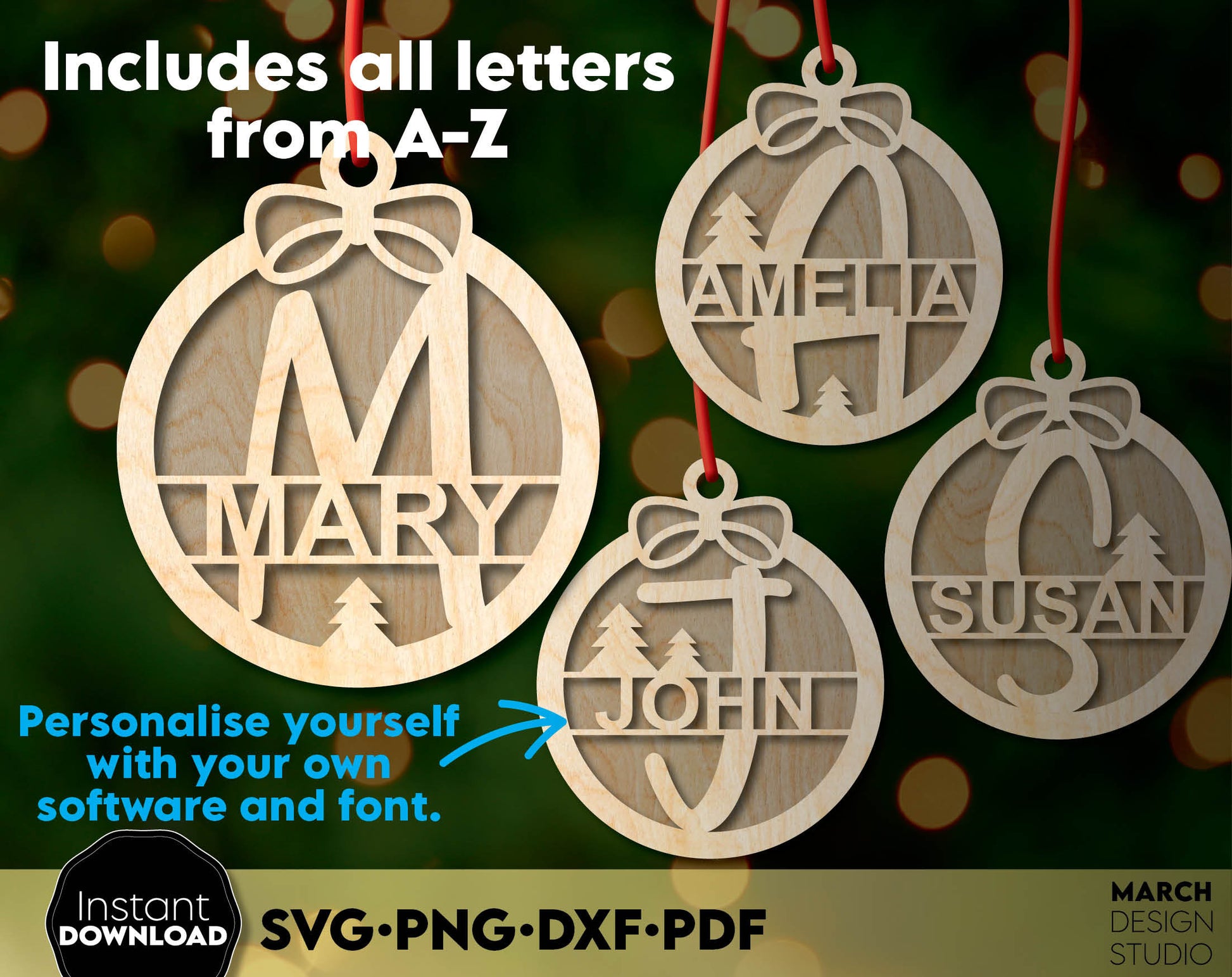 Custom Name Ornament for wood Laser Cut. Christmas ornaments for your Christmas tree. SVG PNG DXF PDF files included. Compatible with Glowforge, Cricut or other equipment. Use for vinyl or sublimation as well. Buy now for a good price and enjoy!